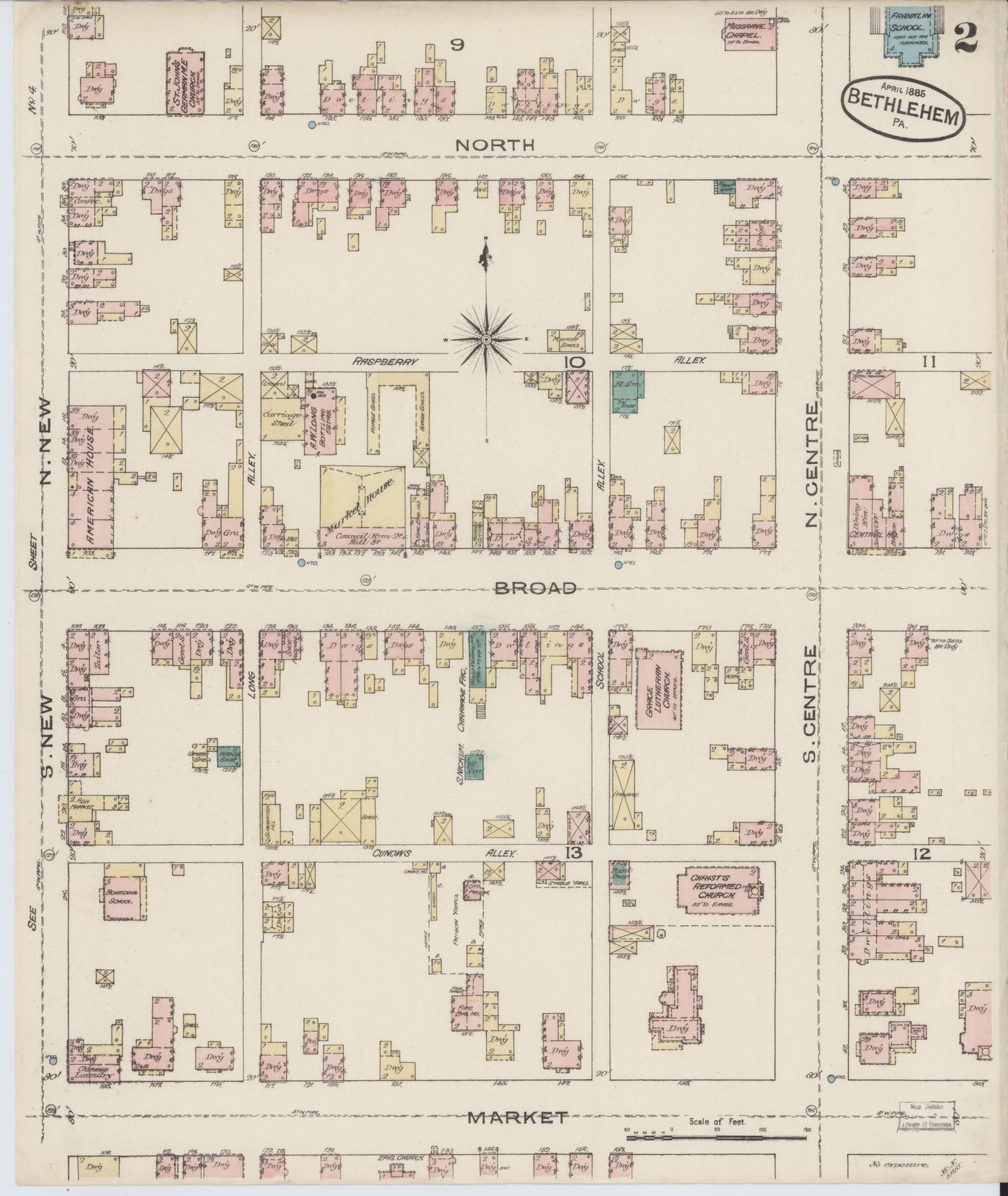 Sanborn Fire Insurance Map from Bethlehem, Northampton And Lehigh Counties, Pennsylvania (1885), Sheet #0002 - Historic Sanborn Fire Insurance Map Print, vintage old map wall art, antique decor, genealogy gift, Pennsylvania Pennsylvania map