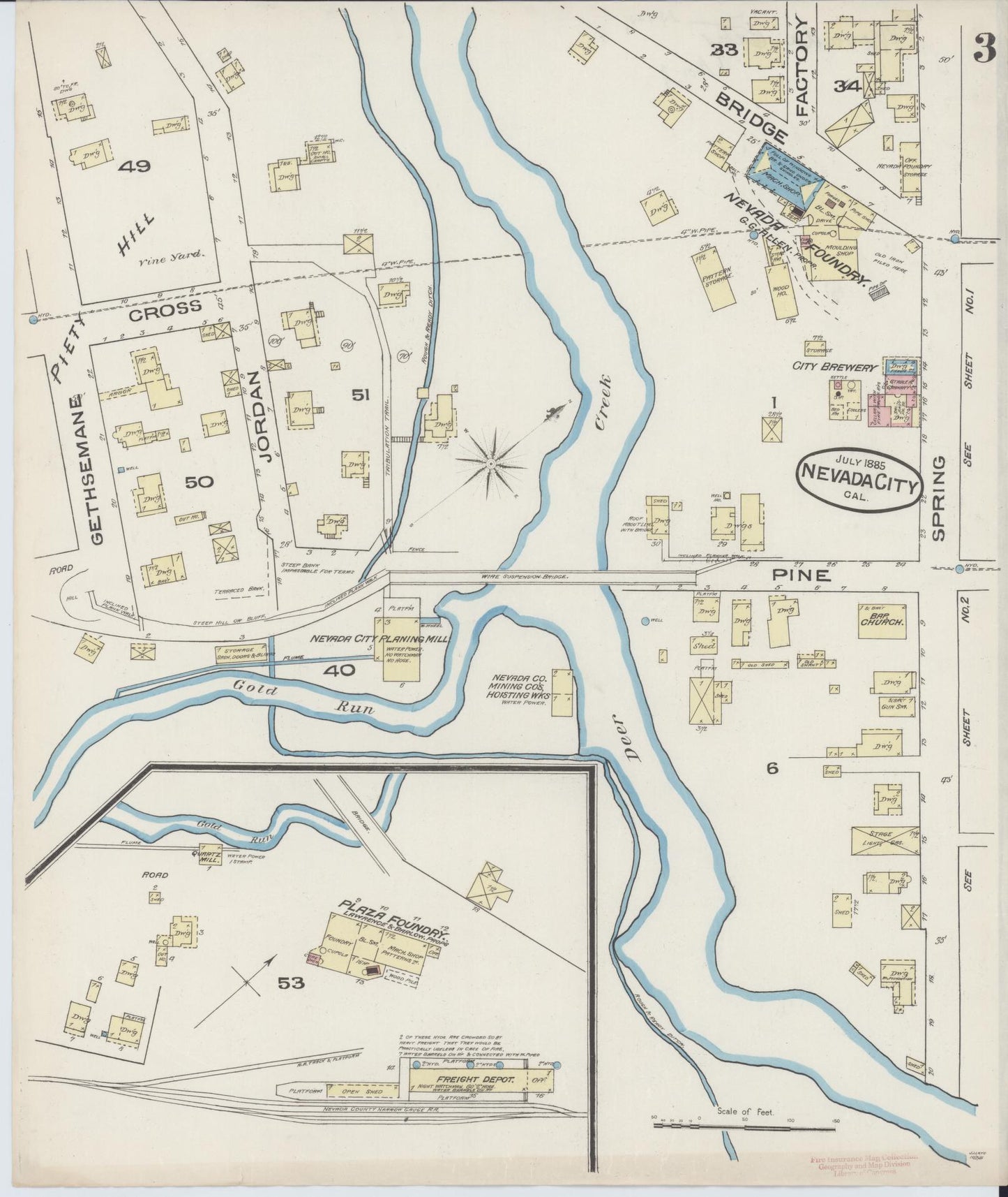 Sanborn Fire Insurance Map from Nevada City, Nevada County, California (1885), Sheet #0003 - Complete Map Set gallery image, historic Sanborn map, vintage wall art, California California