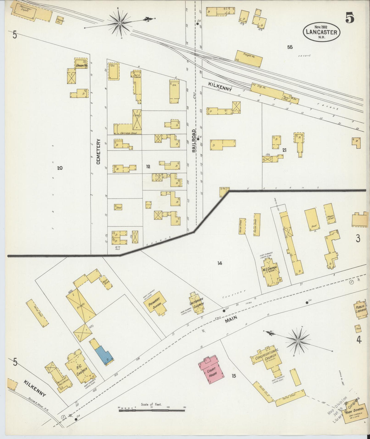 Sanborn Fire Insurance Map from Lancaster, Coos County, New Hampshire (1902), Sheet #0005 - Historic Sanborn Fire Insurance Map Print, vintage old map wall art, antique decor, genealogy gift, New Hampshire New Hampshire map
