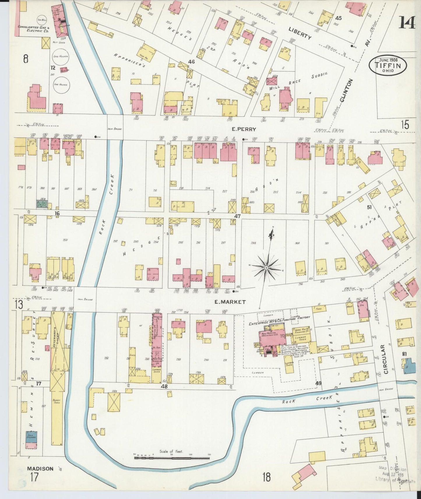 Sanborn Fire Insurance Map from Tiffin, Seneca County, Ohio (1908), Sheet #0014 - Historic Sanborn Fire Insurance Map Print, vintage old map wall art, antique decor, genealogy gift, Ohio Ohio map