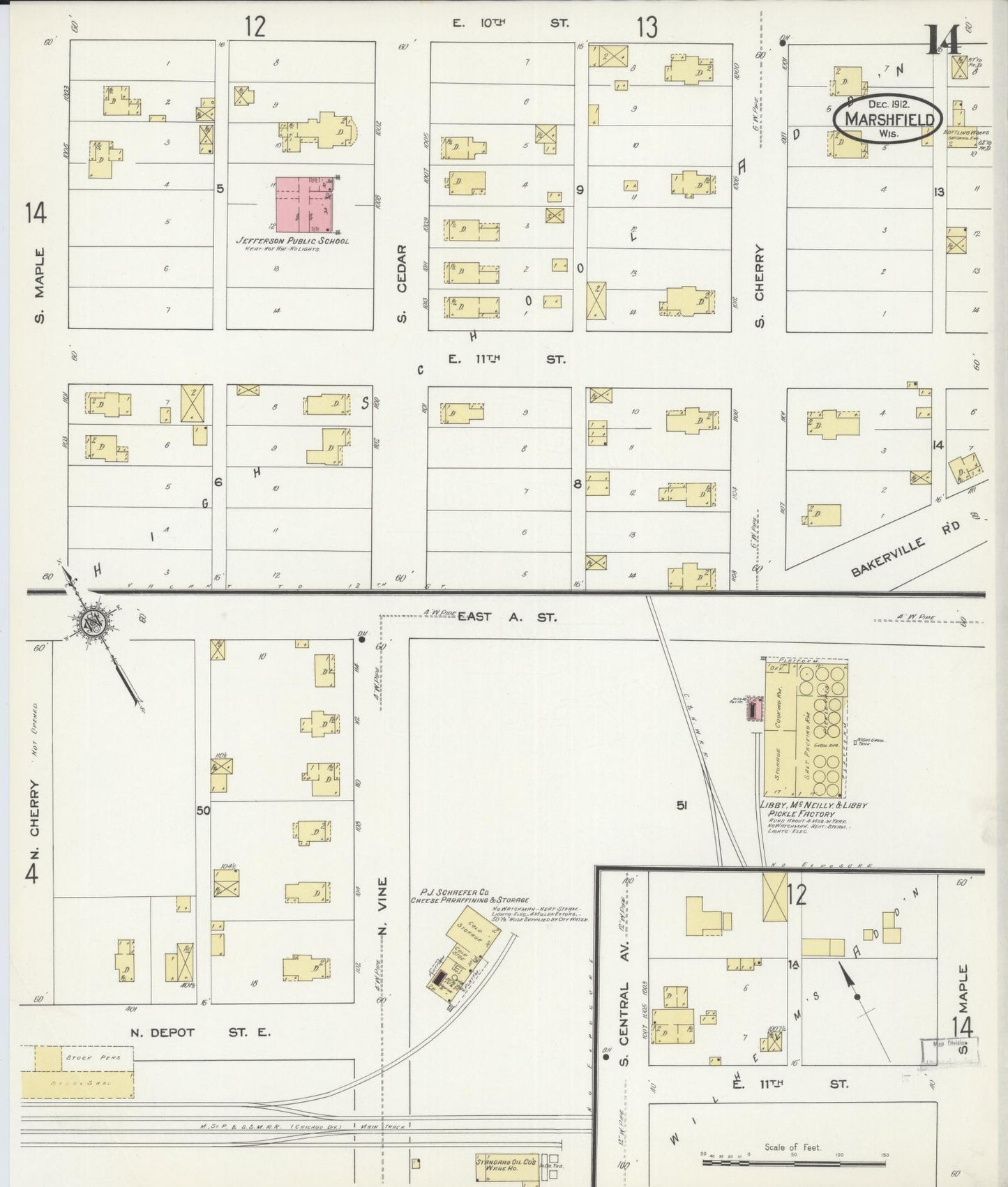 Sanborn Fire Insurance Map from Marshfield, Wood County, Wisconsin (1912), Sheet #0014 - Historic Sanborn Fire Insurance Map Print, vintage old map wall art, antique decor, genealogy gift, Wisconsin Wisconsin map