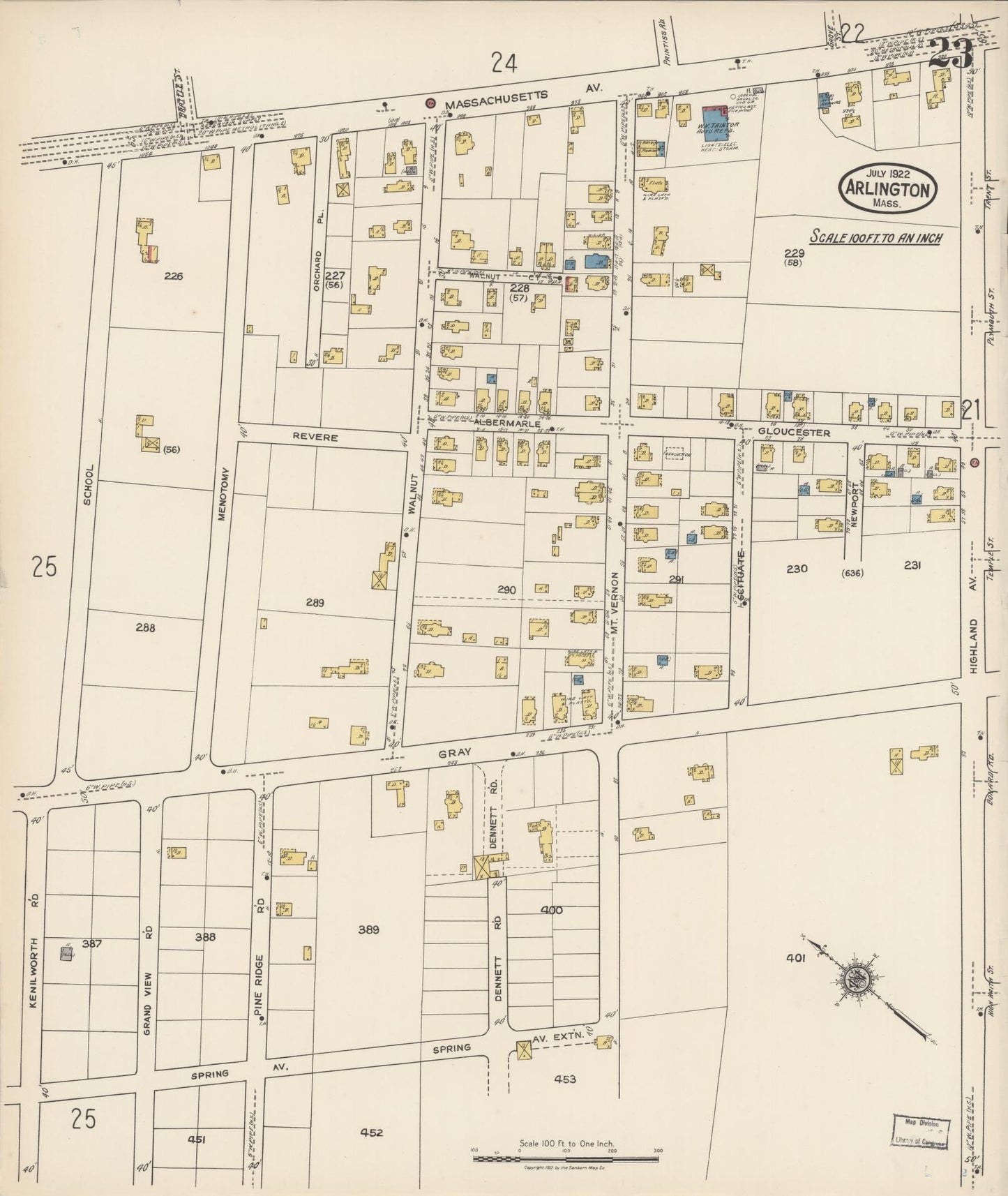 Sanborn Fire Insurance Map from Arlington, Middlesex County, Massachusetts (1922), Sheet #0023 - Historic Sanborn Fire Insurance Map Print, vintage old map wall art, antique decor, genealogy gift, Massachusetts Massachusetts map