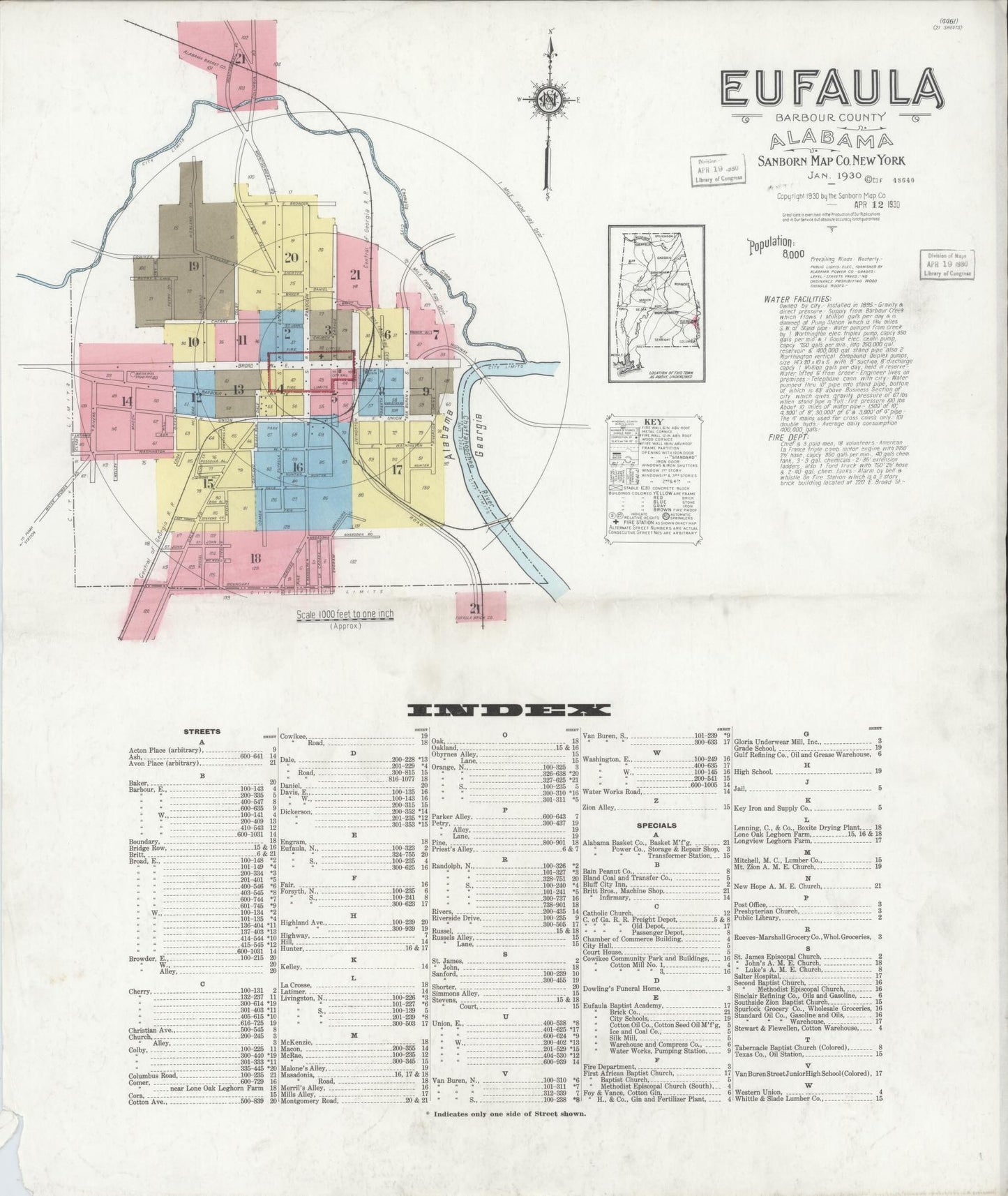 Sanborn Fire Insurance Map from Eufaula, Barbour County, Alabama (1930), Sheet #0001 - Historic Sanborn Fire Insurance Map Print, vintage old map wall art, antique decor, genealogy gift, Alabama Alabama map