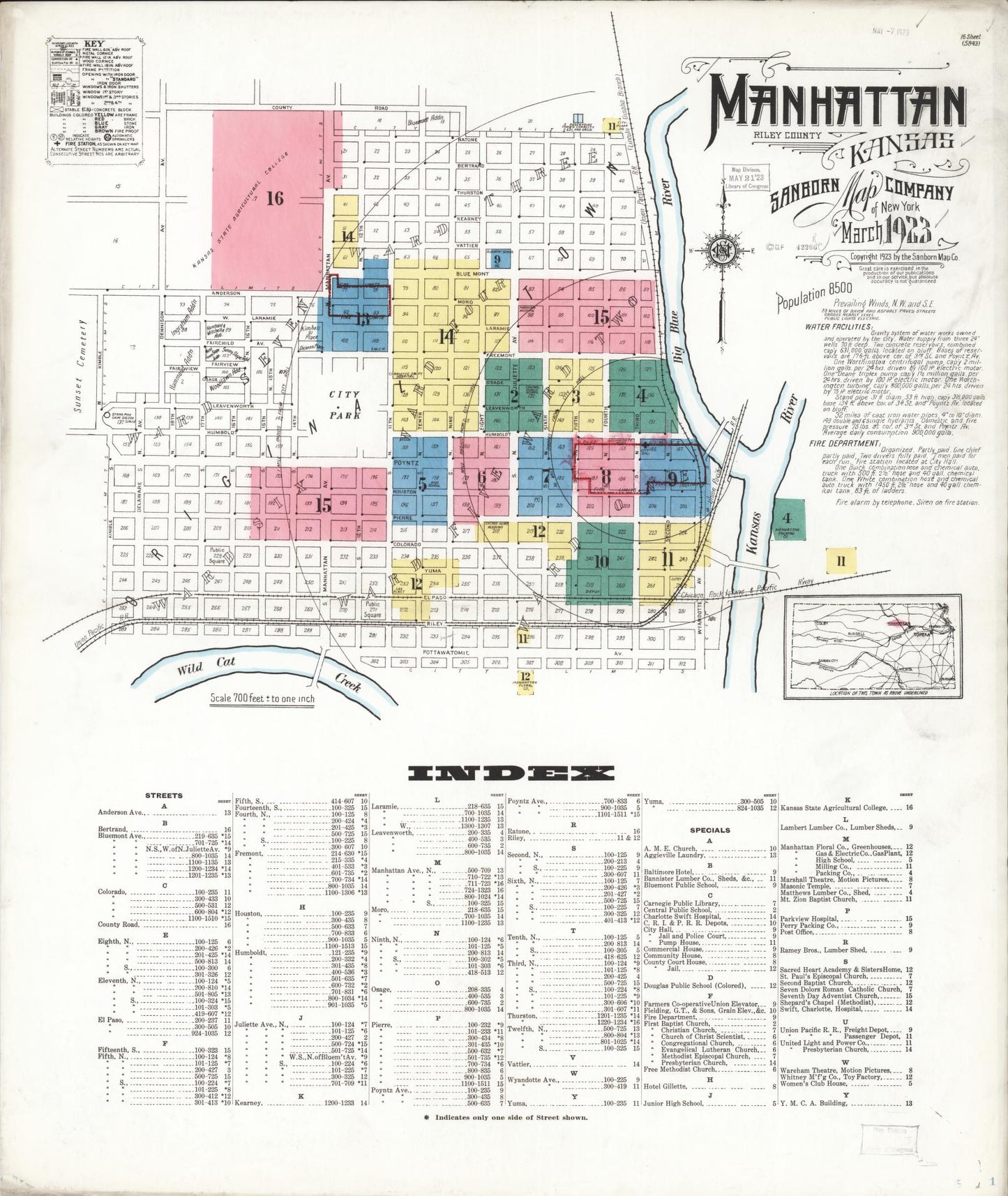 Sanborn Fire Insurance Map from Manhattan, Riley County, Kansas (1923), Sheet #0001 - Historic Sanborn Fire Insurance Map Print, vintage old map wall art, antique decor, genealogy gift, Kansas Kansas map