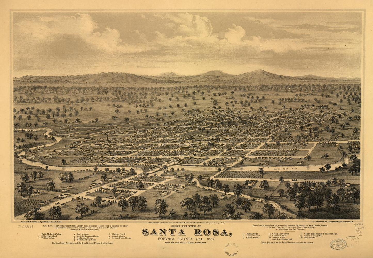 Bird's eye view of Santa Rosa, Sonoma County, Cal., 1876. (1876) – Historic Bird’s-Eye View Panorama Print