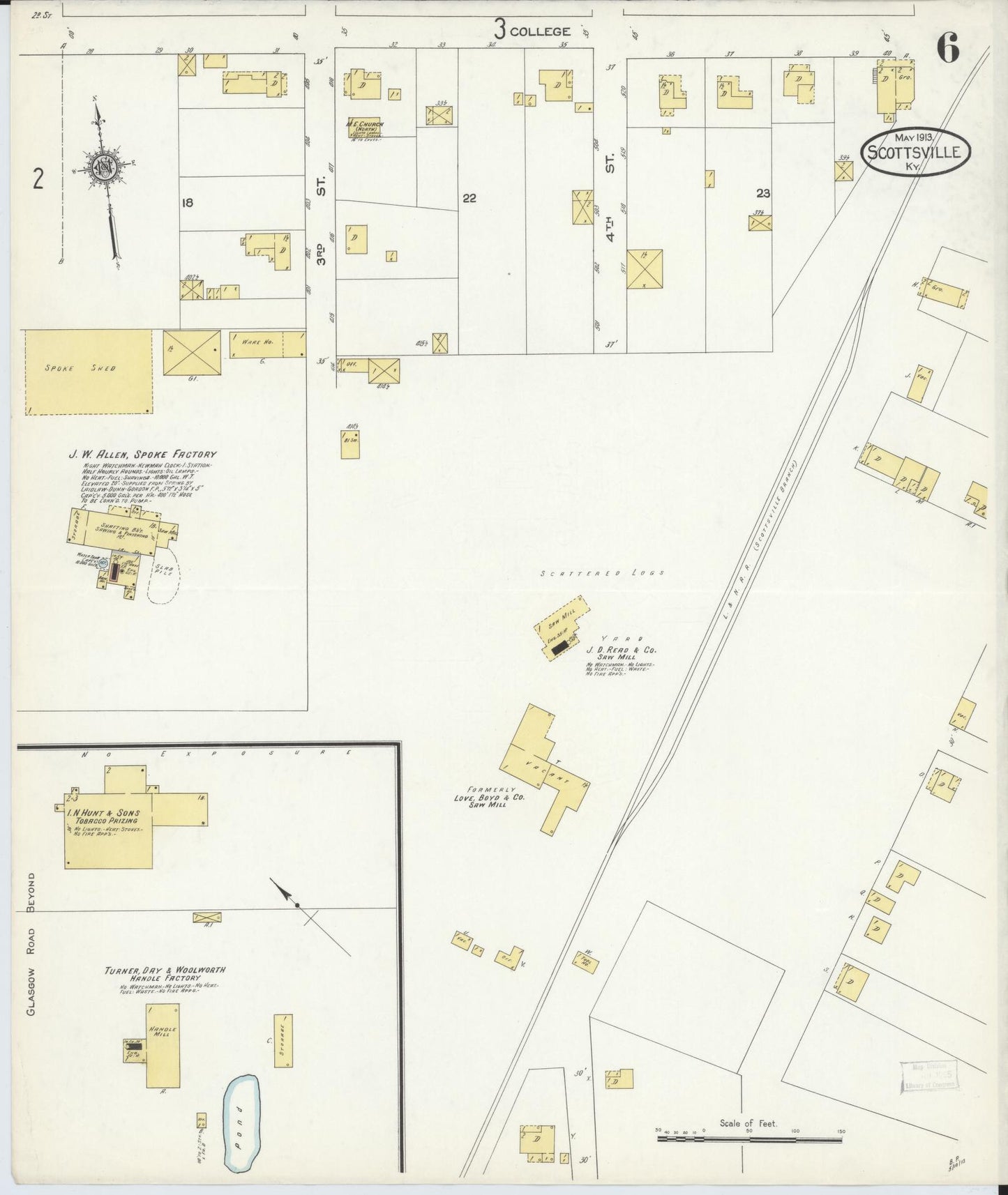 Sanborn Fire Insurance Map from Scottsville, Allen County, Kentucky (1913), Sheet #0006 - Historic Sanborn Fire Insurance Map Print, vintage old map wall art, antique decor, genealogy gift, Kentucky Kentucky map