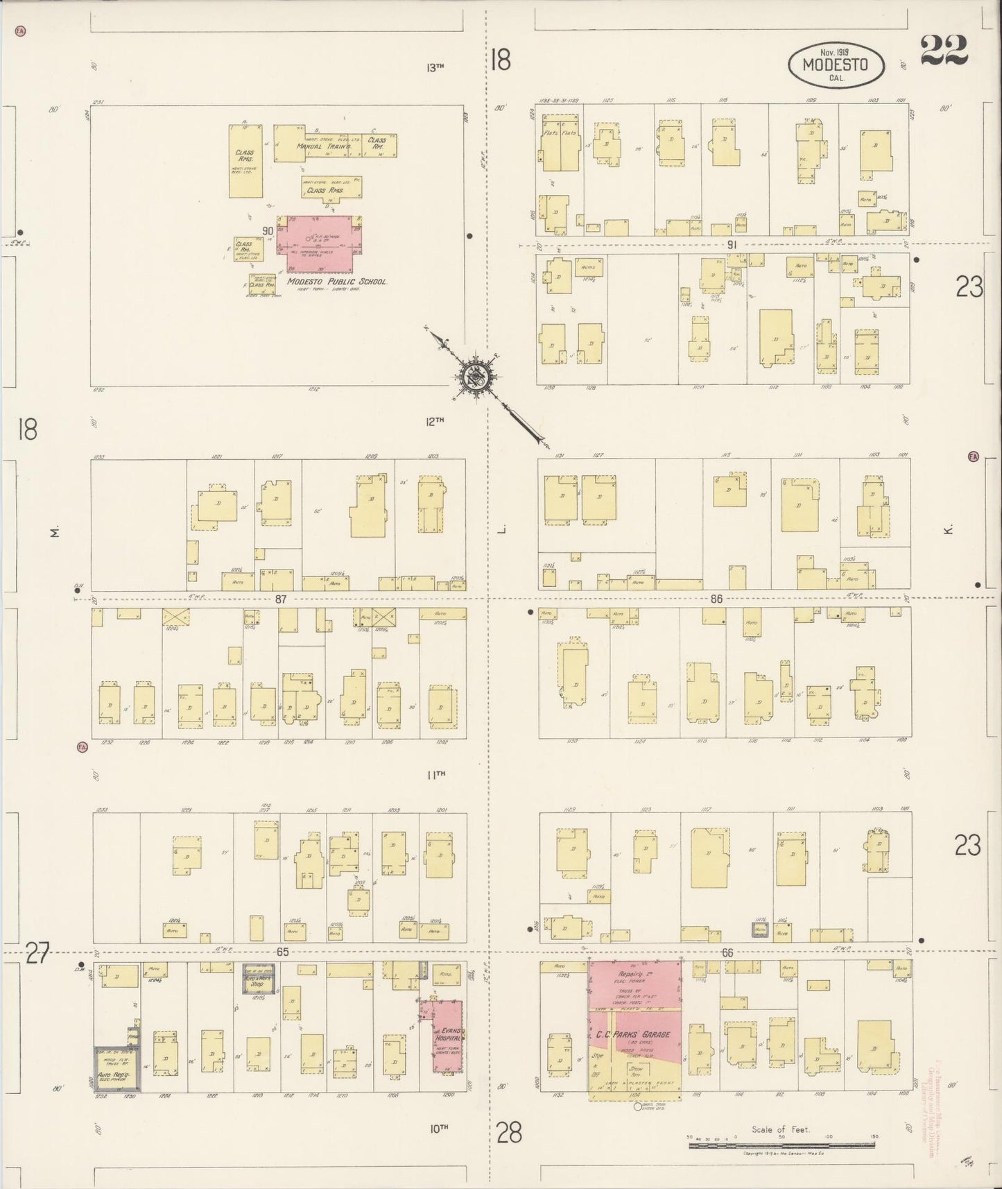 Sanborn Fire Insurance Map from Modesto, Stanislaus County, California (1919), Sheet #0022 - Historic Sanborn Fire Insurance Map Print, vintage old map wall art, antique decor, genealogy gift, California California map