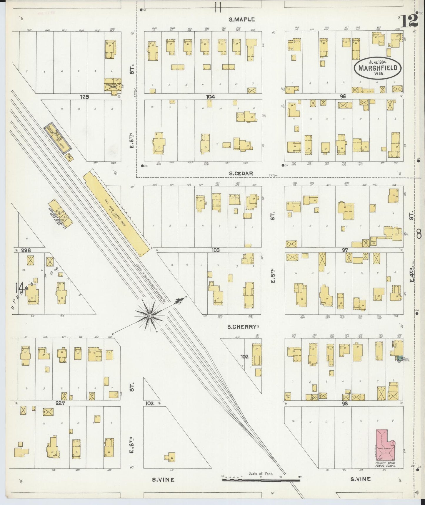 Sanborn Fire Insurance Map from Marshfield, Wood County, Wisconsin (1904), Sheet #0012 - Historic Sanborn Fire Insurance Map Print, vintage old map wall art, antique decor, genealogy gift, Wisconsin Wisconsin map