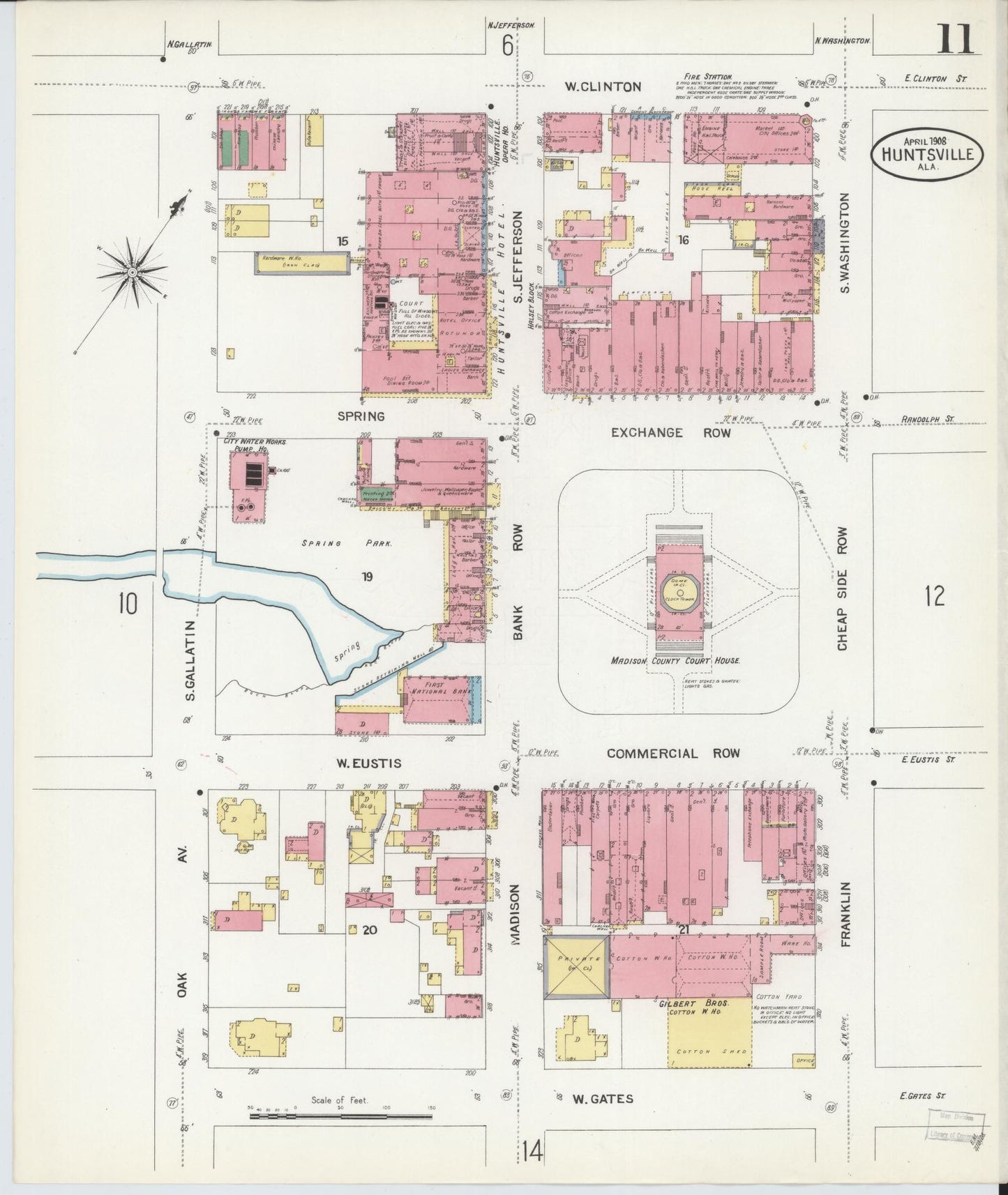 Sanborn Fire Insurance Map from Huntsville, Madison County, Alabama (1908), Sheet #0011 - Historic Sanborn Fire Insurance Map Print, vintage old map wall art, antique decor, genealogy gift, Alabama Alabama map