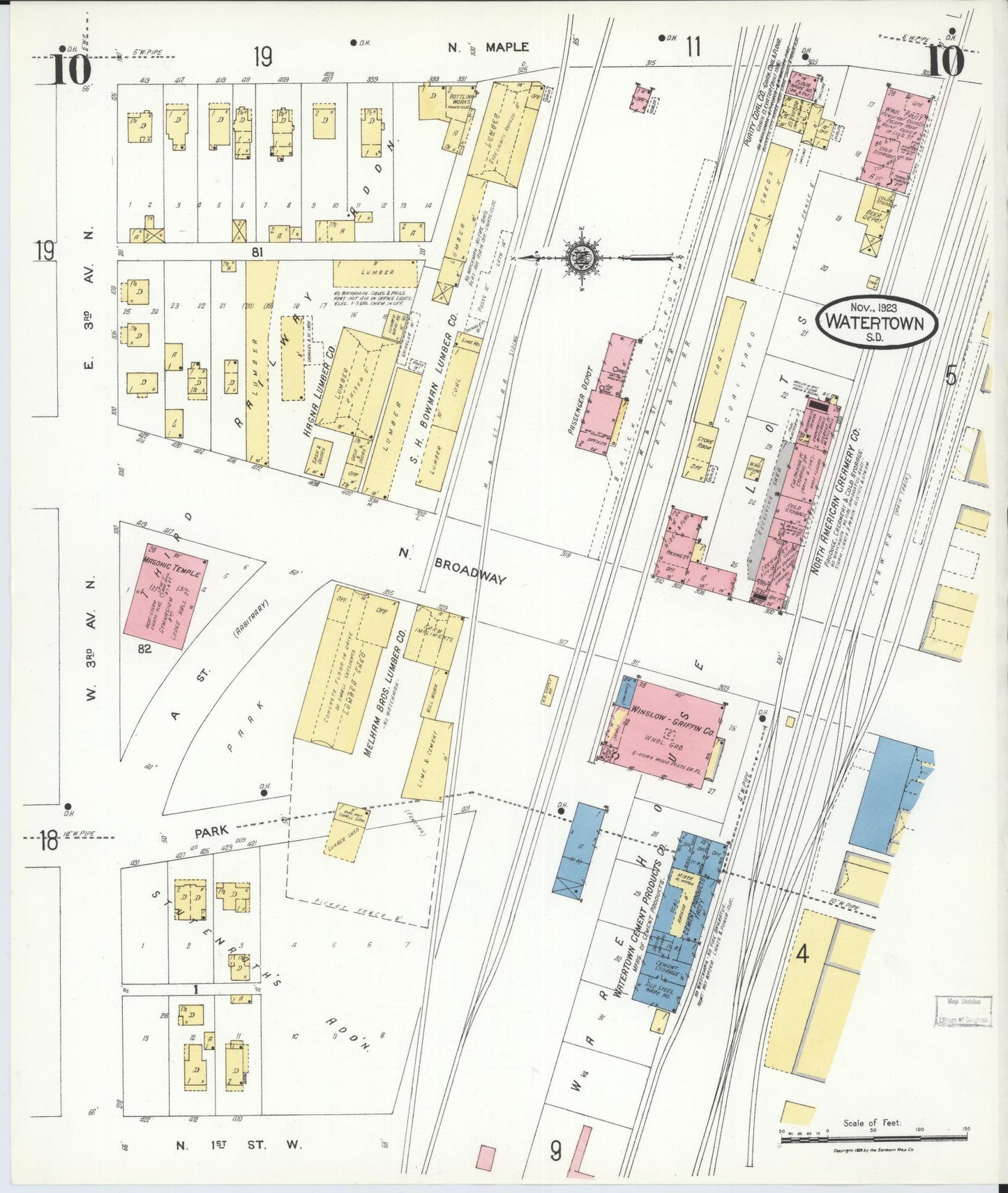 Sanborn Fire Insurance Map from Watertown, Codington County, South Dakota (1923), Sheet #0010 - Historic Sanborn Fire Insurance Map Print, vintage old map wall art, antique decor, genealogy gift, South Dakota South Dakota map