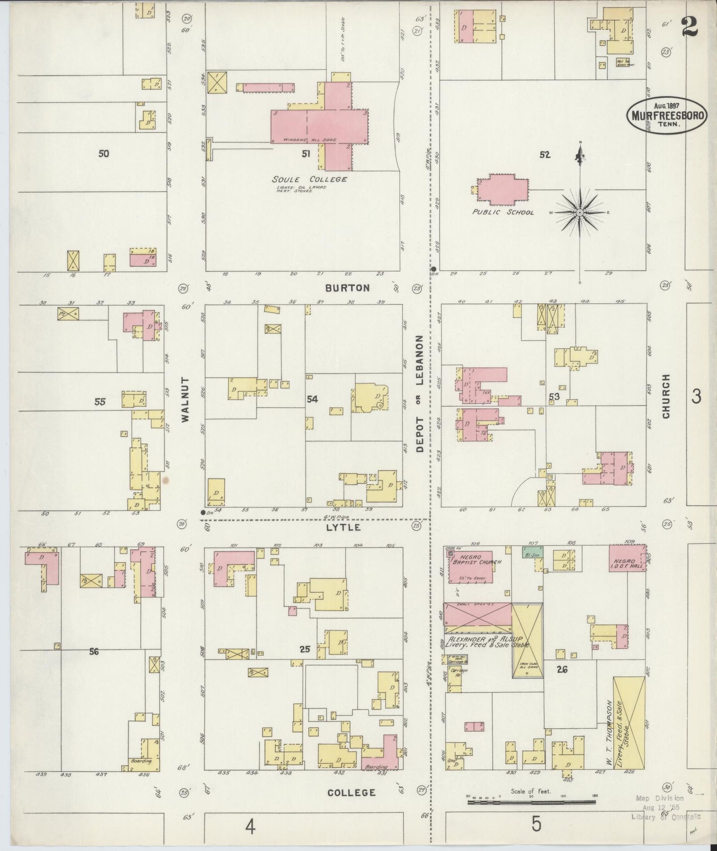 Sanborn Fire Insurance Map from Murfreesboro, Rutherford County, Tennessee (1897), Sheet #0002 - Historic Sanborn Fire Insurance Map Print, vintage old map wall art, antique decor, genealogy gift, Tennessee Tennessee map