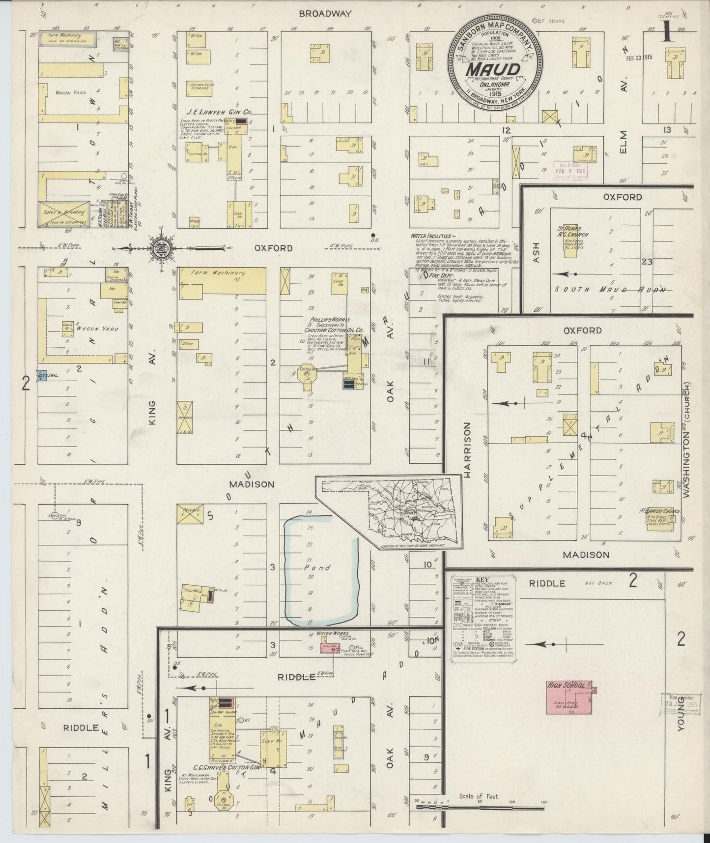 Sanborn Fire Insurance Map from Maud, Pottawatomie County, Oklahoma (1915), Sheet #0001 - Historic Sanborn Fire Insurance Map Print, vintage old map wall art, antique decor, genealogy gift, Oklahoma Oklahoma map