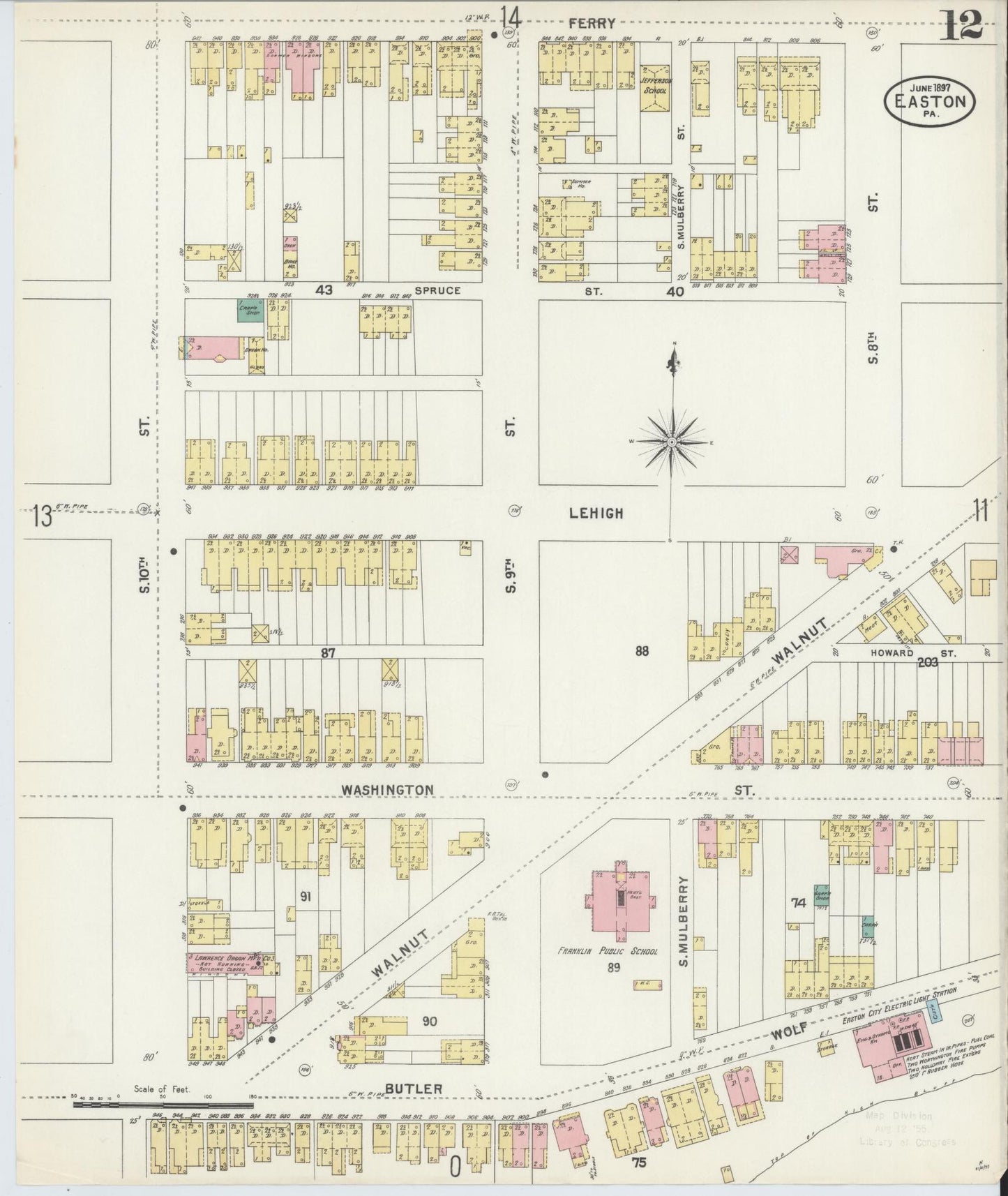 Sanborn Fire Insurance Map from Easton, Northampton County, Pennsylvania (1897), Sheet #0012 - Historic Sanborn Fire Insurance Map Print, vintage old map wall art, antique decor, genealogy gift, Pennsylvania Pennsylvania map
