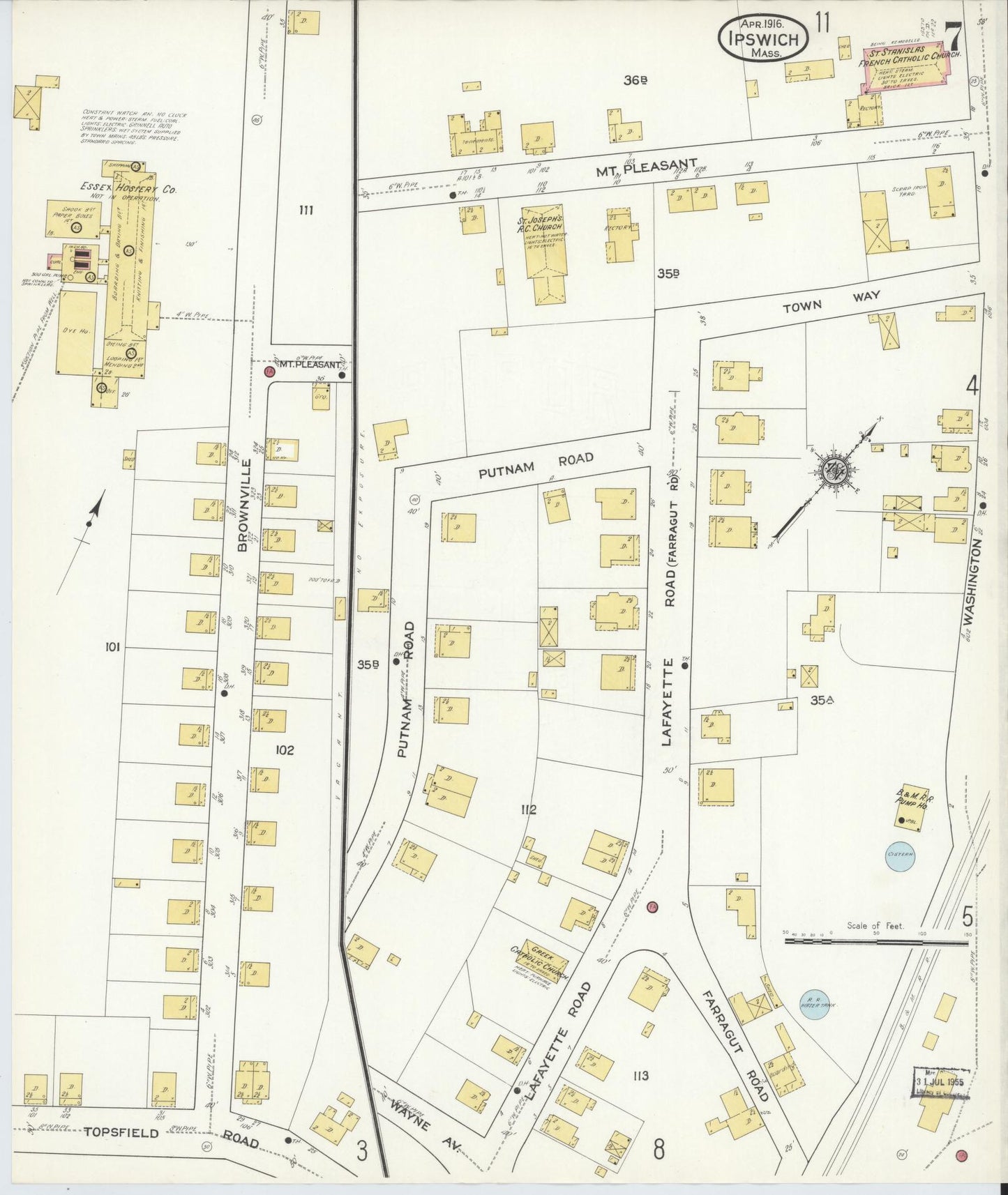 Sanborn Fire Insurance Map from Ipswich, Essex County, Massachusetts (1916), Sheet #0007 - Historic Sanborn Fire Insurance Map Print, vintage old map wall art, antique decor, genealogy gift, Massachusetts Massachusetts map