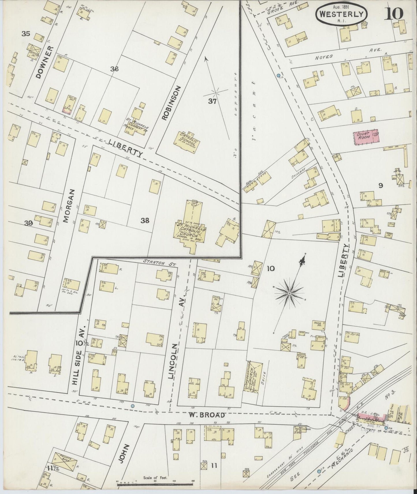 Sanborn Fire Insurance Map from Westerly, Washington County, Rhode Island (1891), Sheet #0010 - Historic Sanborn Fire Insurance Map Print, vintage old map wall art, antique decor, genealogy gift, Rhode Island Rhode Island map