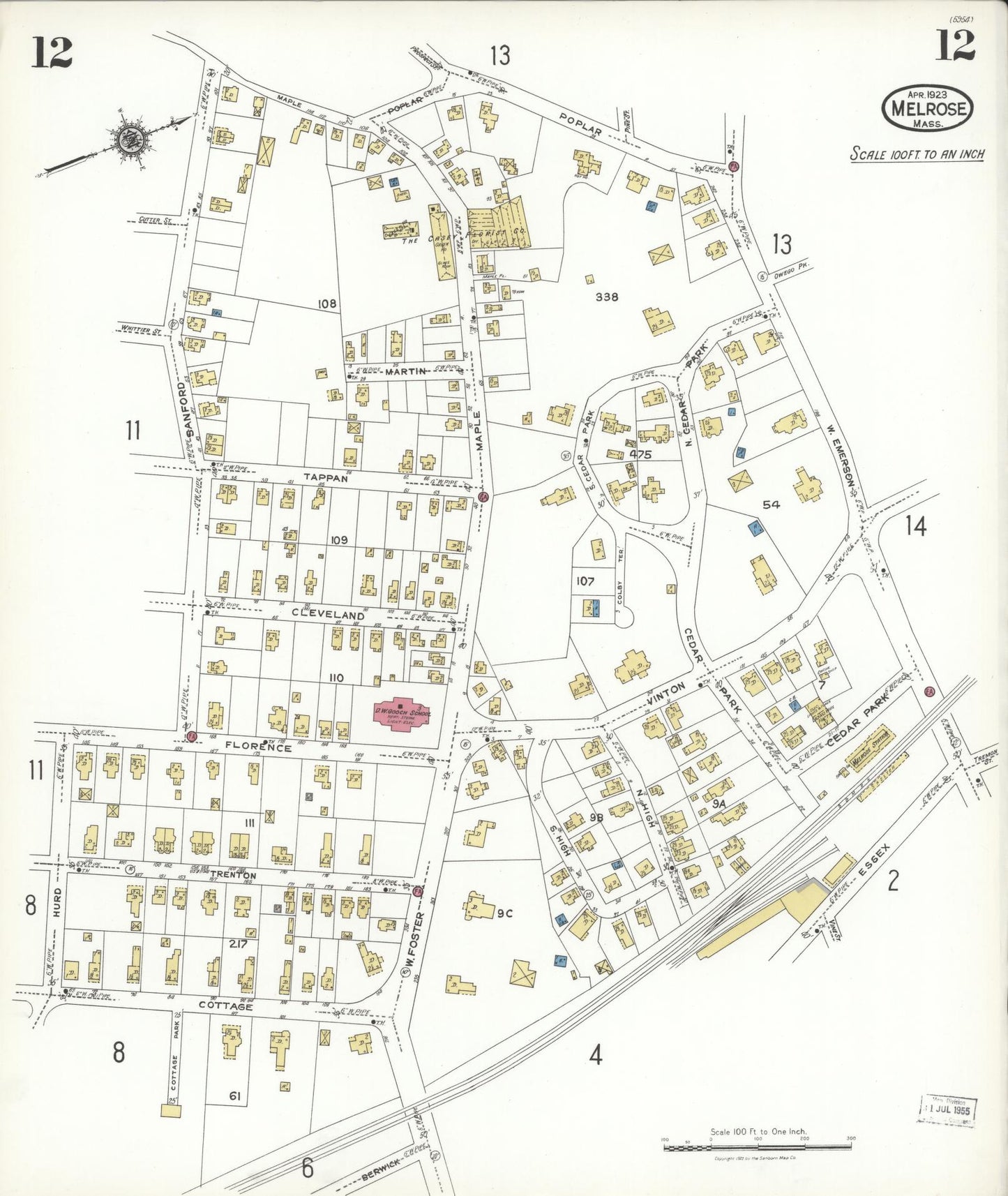 Sanborn Fire Insurance Map from Melrose, Middlesex County, Massachusetts (1923), Sheet #0012 - Historic Sanborn Fire Insurance Map Print, vintage old map wall art, antique decor, genealogy gift, Massachusetts Massachusetts map