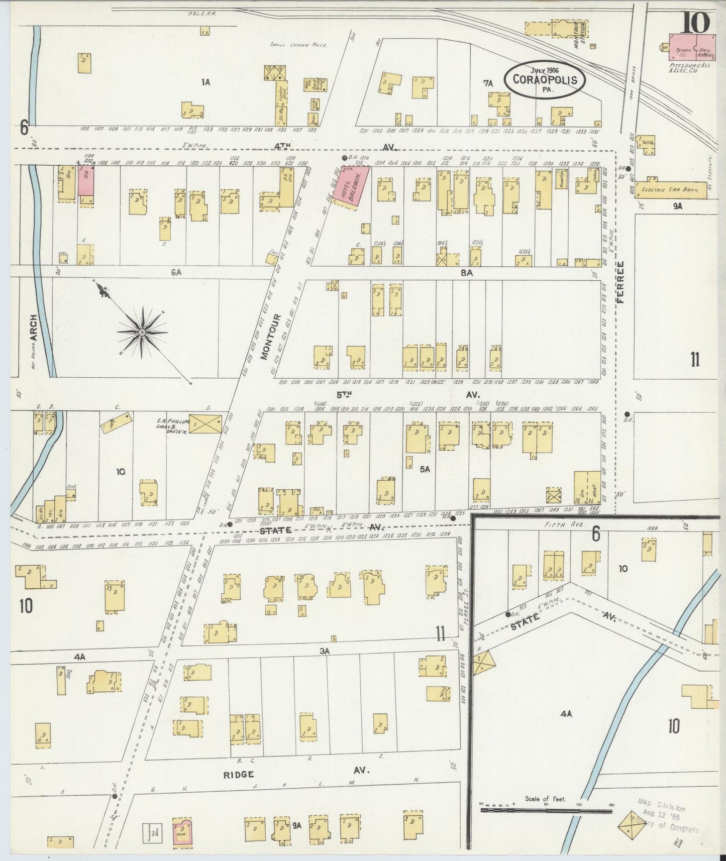Sanborn Fire Insurance Map from Coraopolis, Allegheny County, Pennsylvania (1906), Sheet #0010 - Historic Sanborn Fire Insurance Map Print, vintage old map wall art, antique decor, genealogy gift, Pennsylvania Pennsylvania map