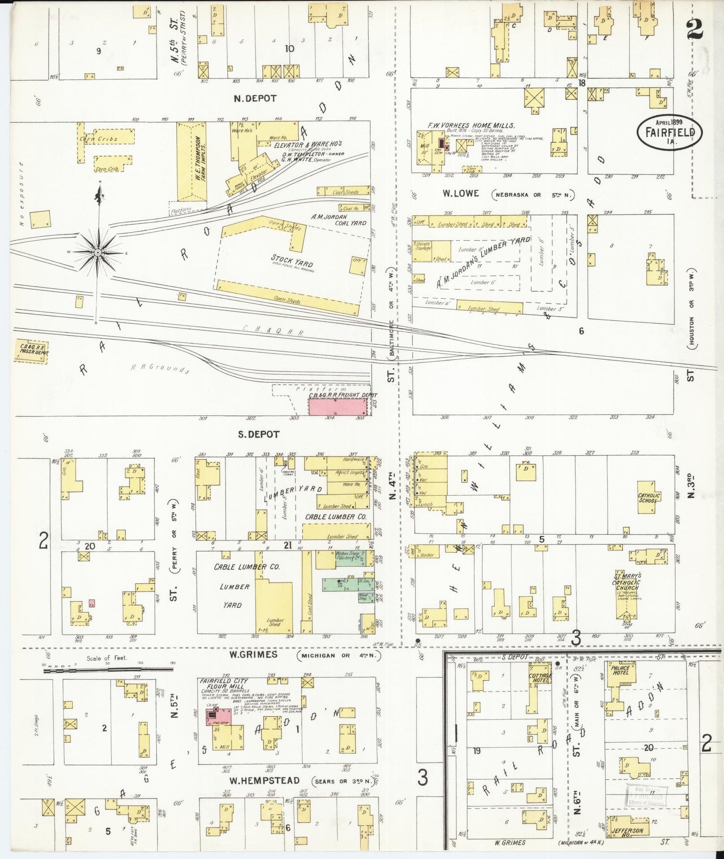 Sanborn Fire Insurance Map from Fairfield, Jefferson County, Iowa (1899), Sheet #0002 - Historic Sanborn Fire Insurance Map Print, vintage old map wall art