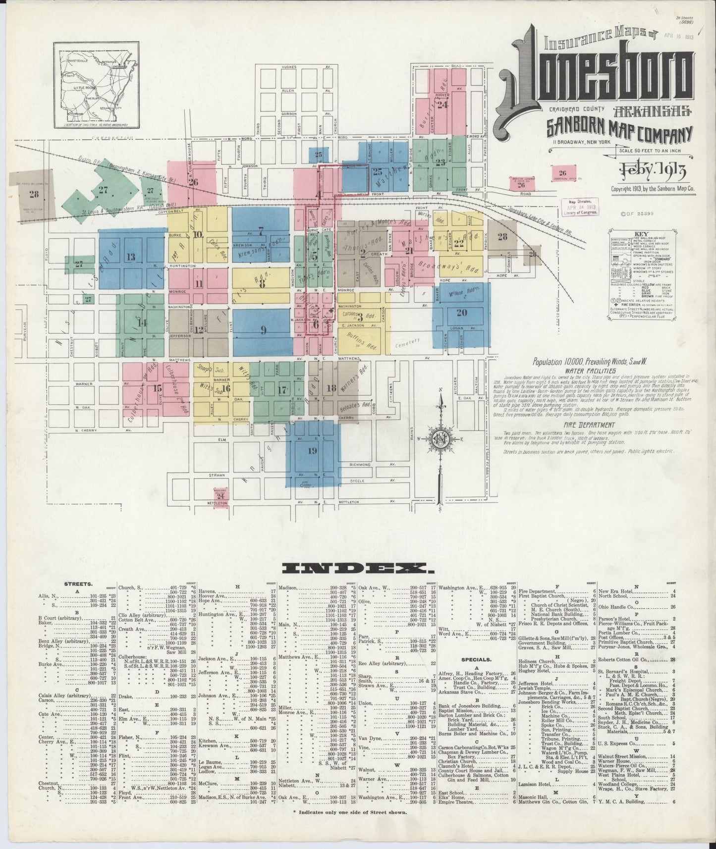 Sanborn Fire Insurance Map from Jonesboro, Craighead County, Arkansas (1913), Sheet #0001 - Historic Sanborn Fire Insurance Map Print, vintage old map wall art, antique decor, genealogy gift, Arkansas Arkansas map