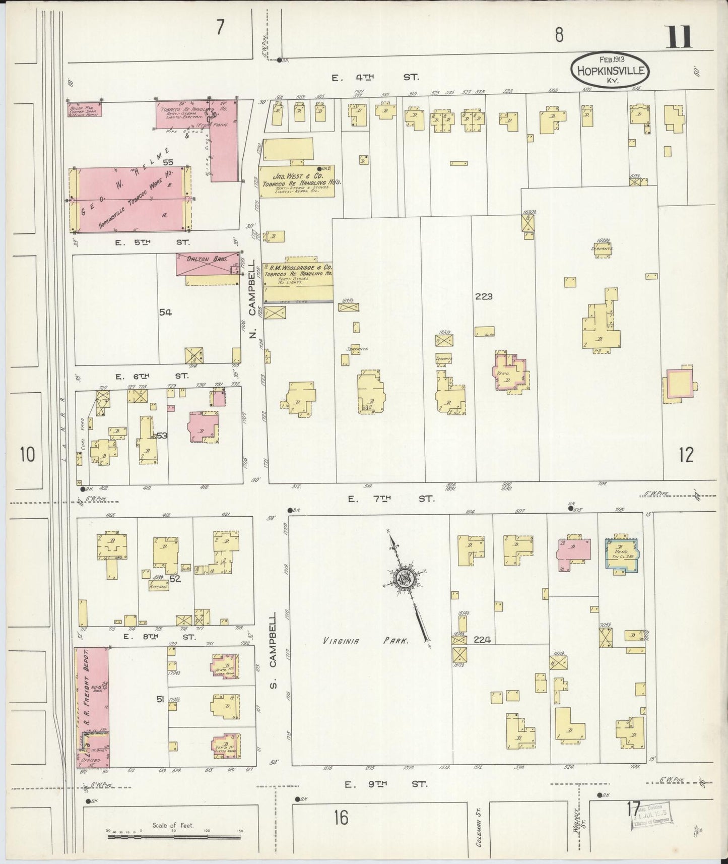 Sanborn Fire Insurance Map from Hopkinsville, Christian County, Kentucky (1913), Sheet #0011 - Historic Sanborn Fire Insurance Map Print, vintage old map wall art, antique decor, genealogy gift, Kentucky Kentucky map