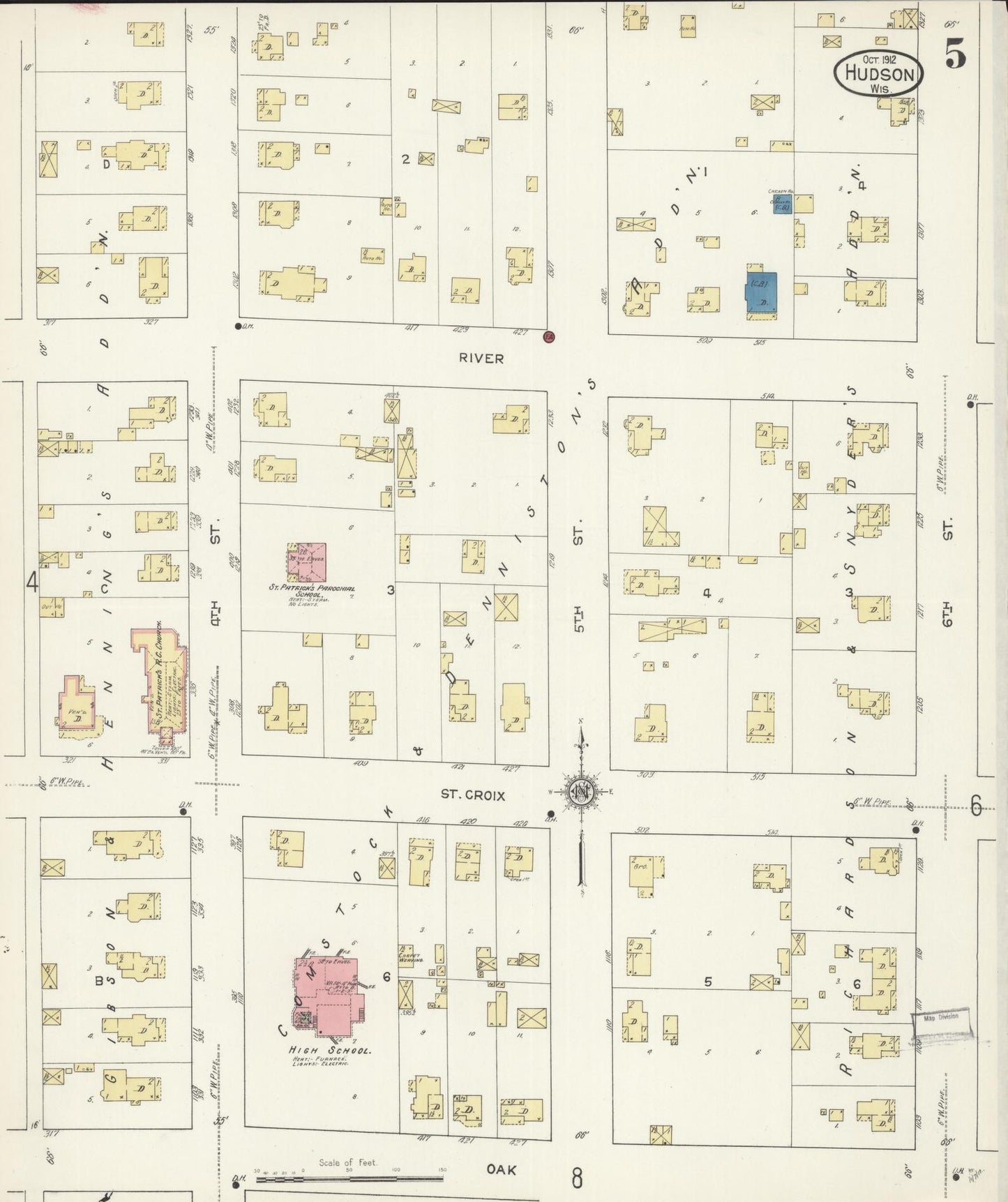Sanborn Fire Insurance Map from Hudson, St. Croix County, Wisconsin (1912), Sheet #0005 - Historic Sanborn Fire Insurance Map Print, vintage old map wall art, antique decor, genealogy gift, Wisconsin Wisconsin map