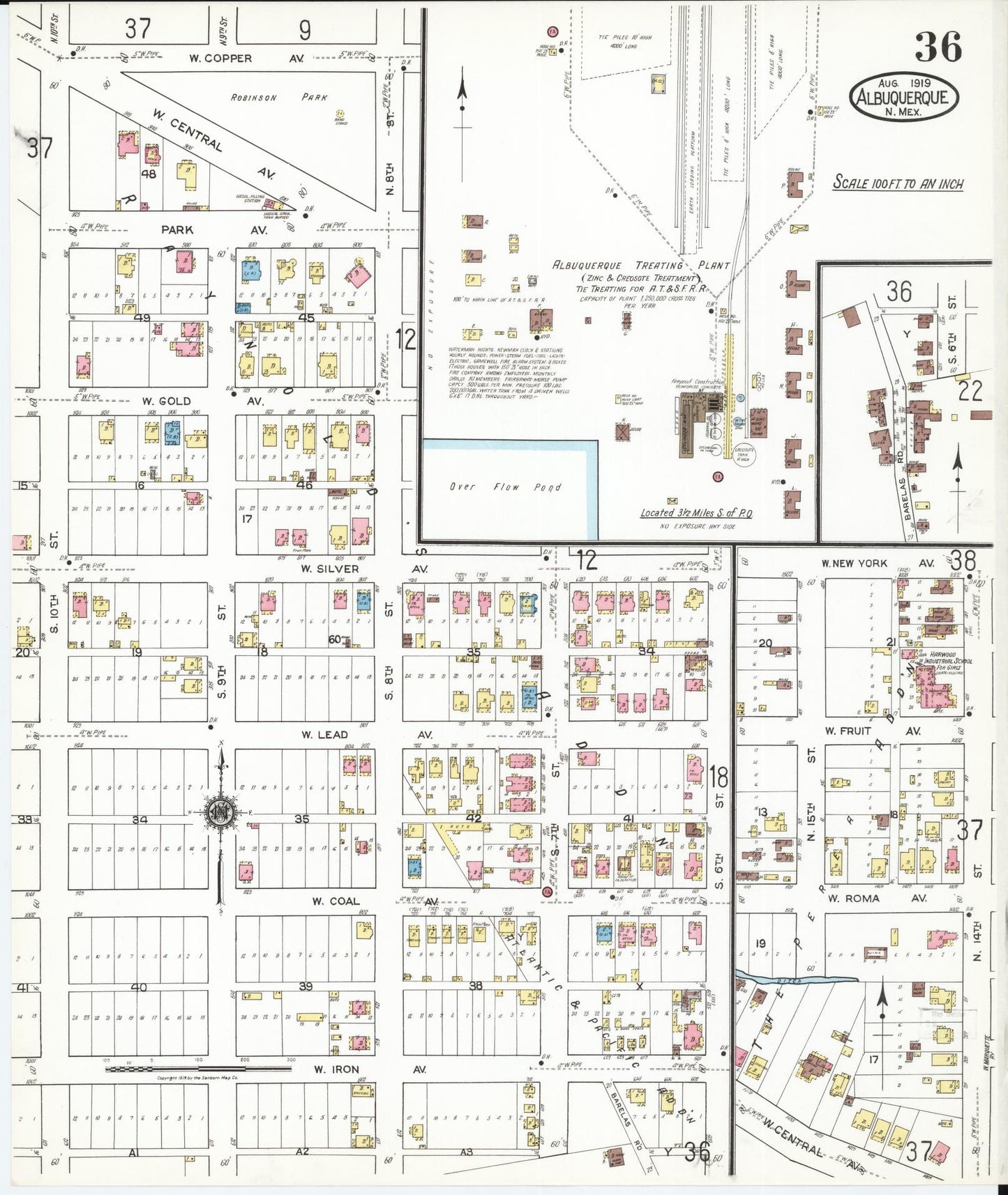 Sanborn Fire Insurance Map from Albuquerque, Bernalillo County, New Mexico (1919), Sheet #0036 - Historic Sanborn Fire Insurance Map Print, vintage old map wall art, antique decor, genealogy gift, New Mexico New Mexico map