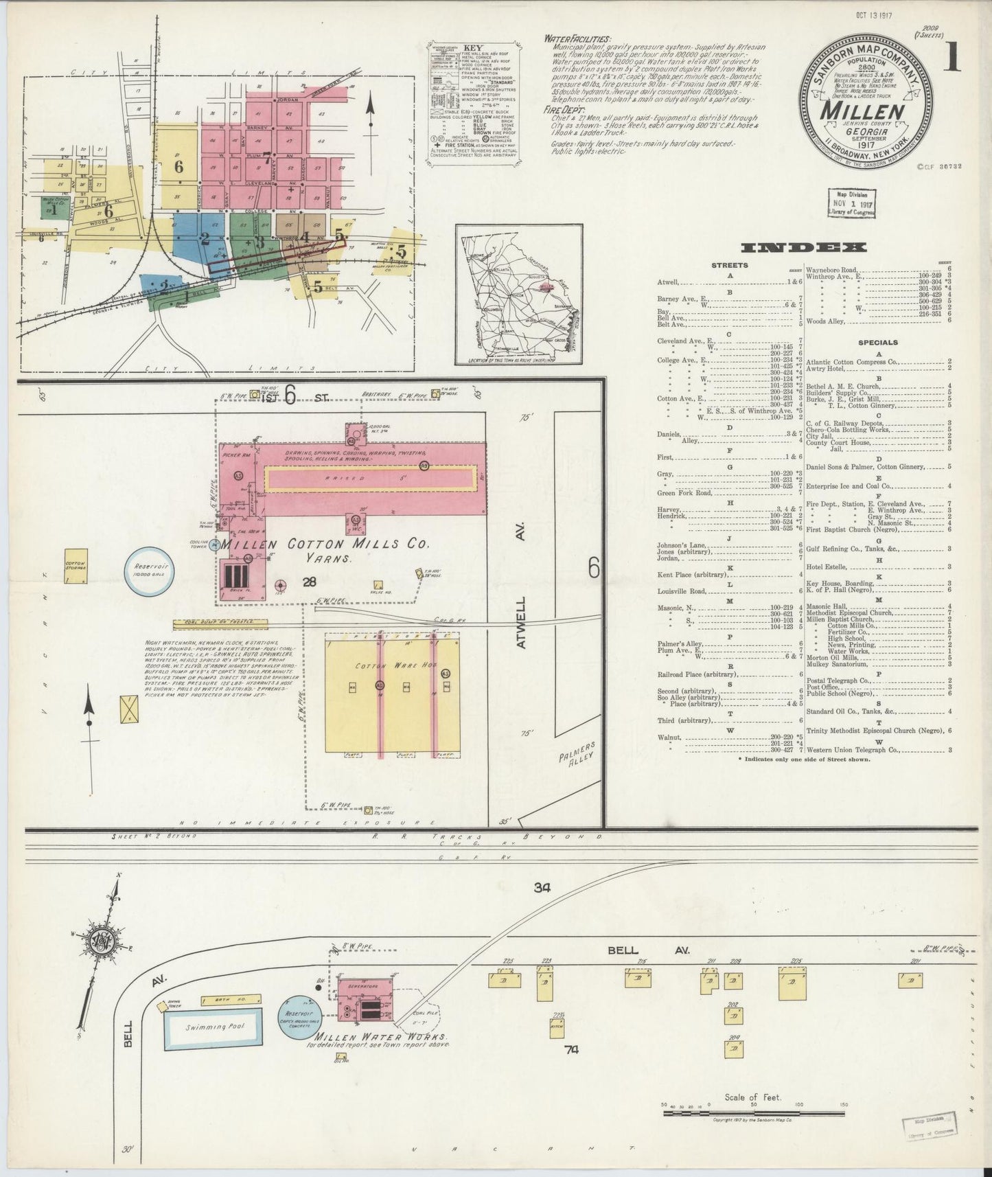 Sanborn Fire Insurance Map from Millen, Jenkins County, Georgia (1917), Sheet #0001 - Historic Sanborn Fire Insurance Map Print, vintage old map wall art, antique decor, genealogy gift, Georgia Georgia map