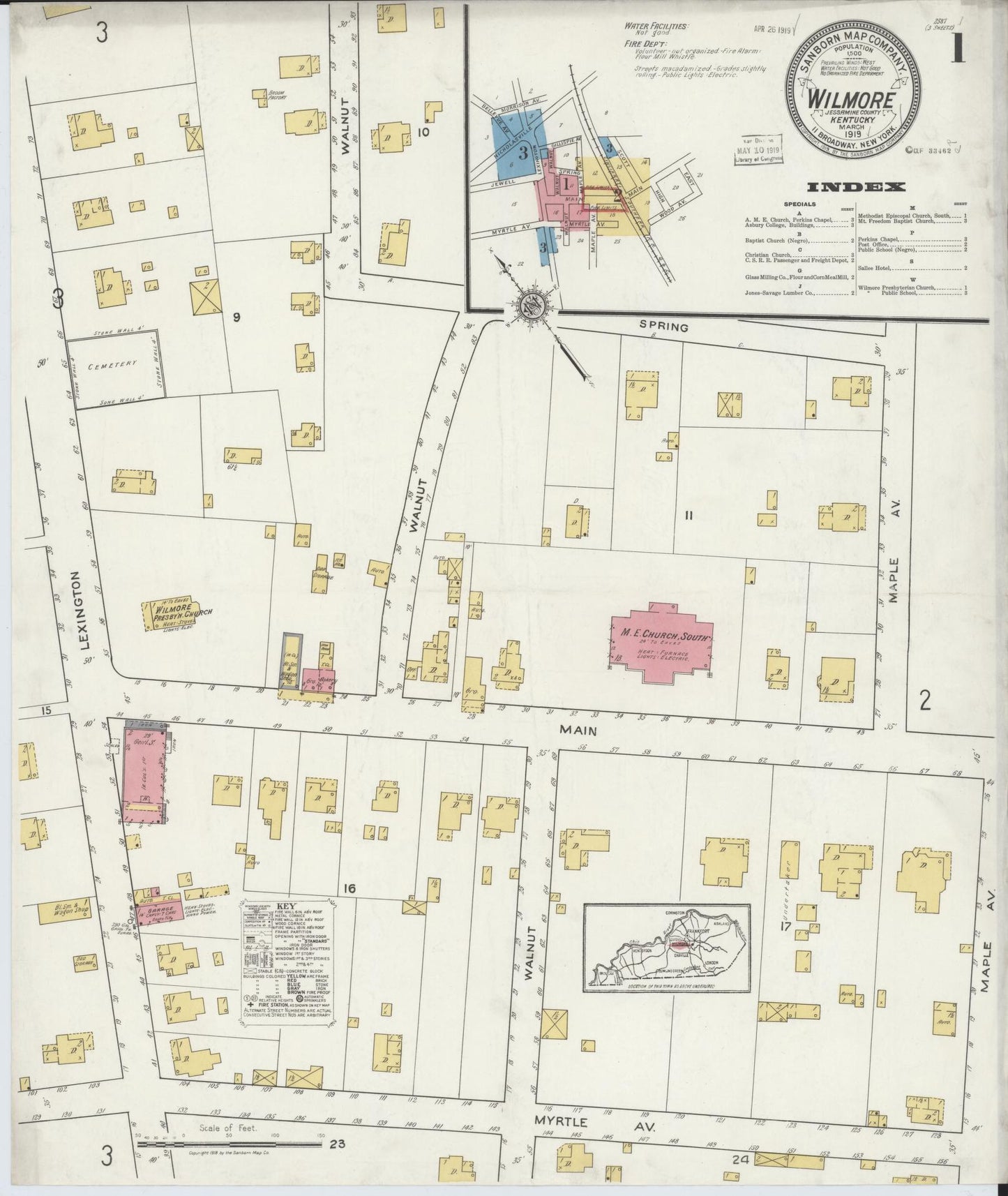 Sanborn Fire Insurance Map from Wilmore, Jessamine County, Kentucky (1919), Sheet #0001 - Historic Sanborn Fire Insurance Map Print, vintage old map wall art, antique decor, genealogy gift, Kentucky Kentucky map