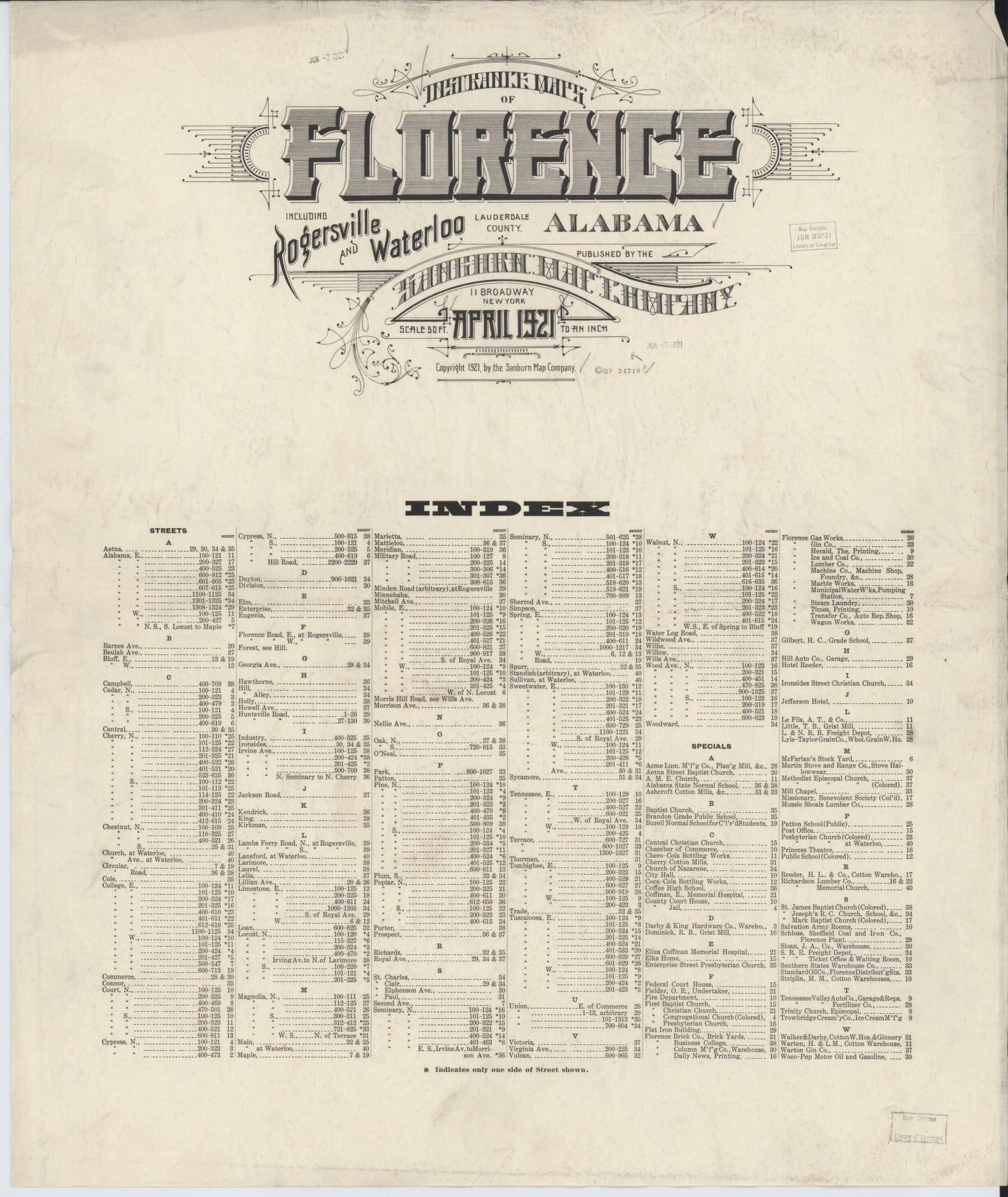Sanborn Fire Insurance Map from Florence, Lauderdale County, Alabama (1921), Sheet #0001 - Historic Sanborn Fire Insurance Map Print, vintage old map wall art, antique decor, genealogy gift, Alabama Alabama map