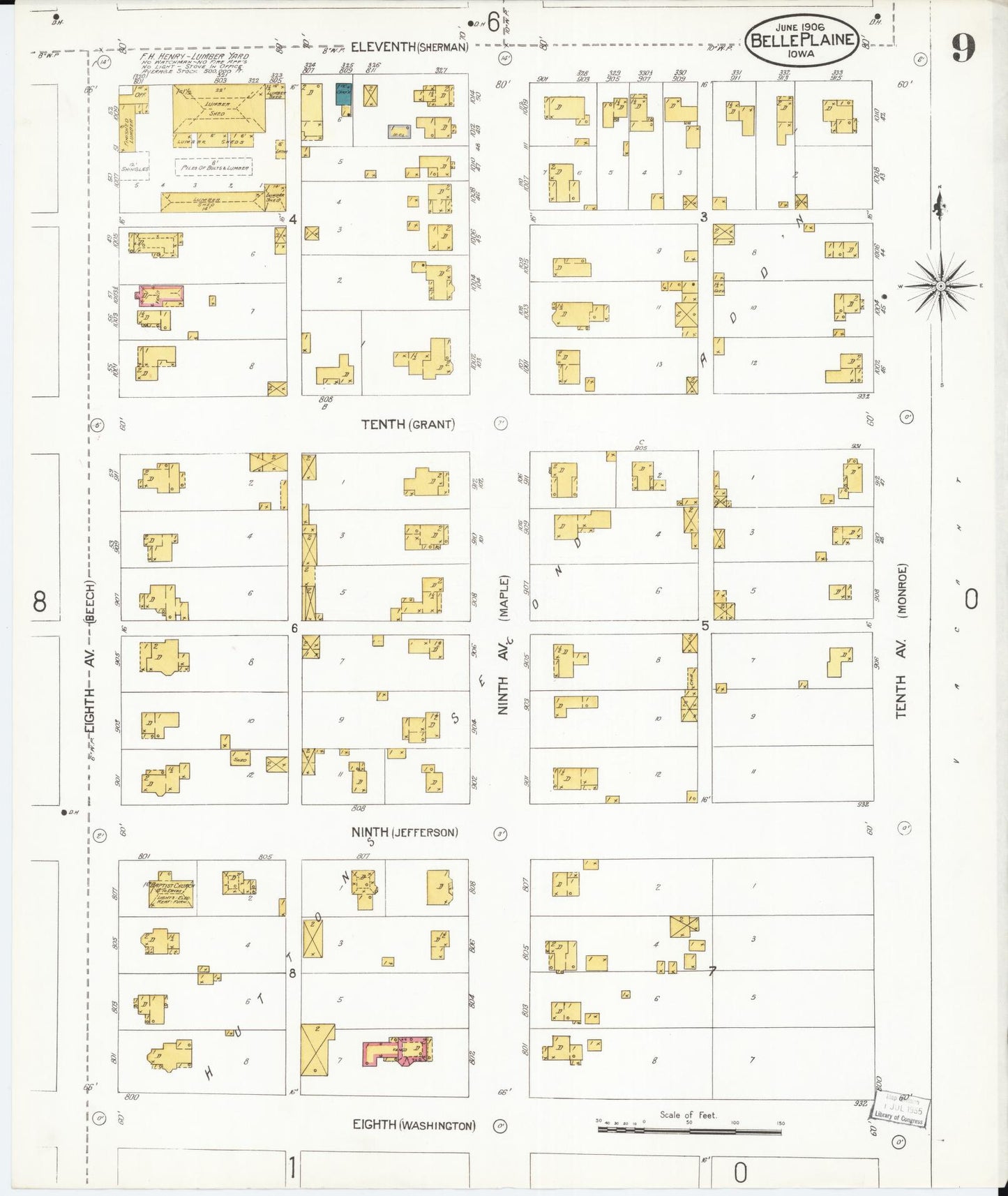 Sanborn Fire Insurance Map from Belle Plaine, Benton County, Iowa (1906), Sheet #0009 - Historic Sanborn Fire Insurance Map Print, vintage old map wall art