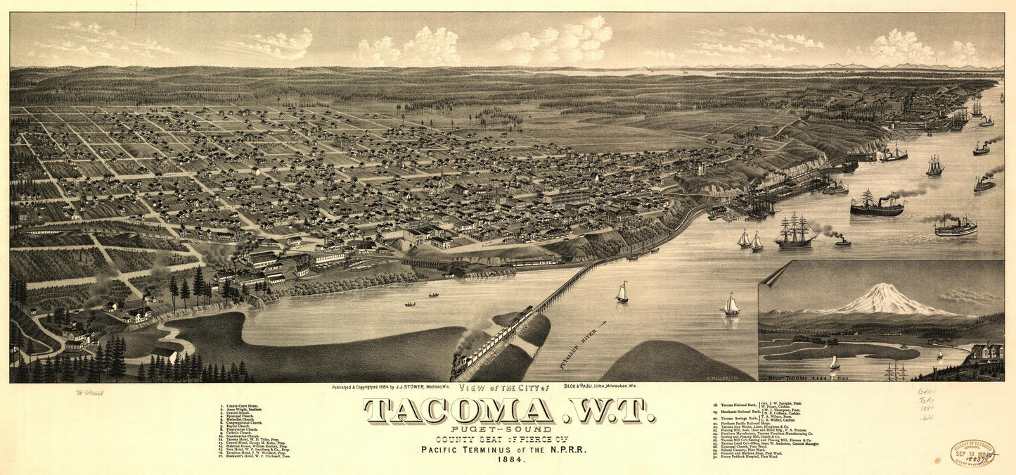 View of the city of Tacoma, W.T., Puget-Sound, county seat of Pierce Cty. 1884. (1884) – Historic Bird’s-Eye View Panorama Print