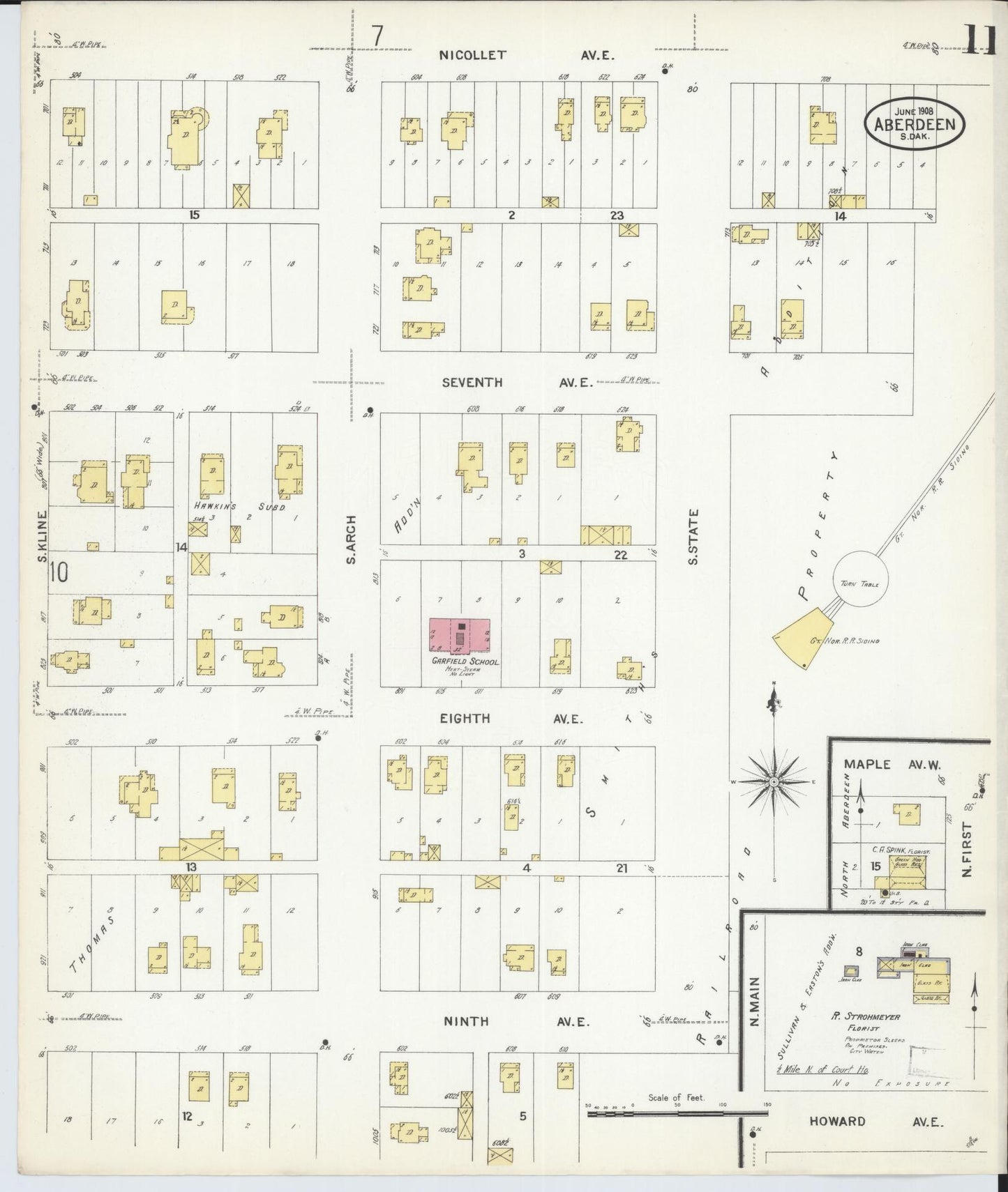 Sanborn Fire Insurance Map from Aberdeen, Brown County, South Dakota (1908), Sheet #0011 - Historic Sanborn Fire Insurance Map Print, vintage old map wall art, antique decor, genealogy gift, South Dakota South Dakota map
