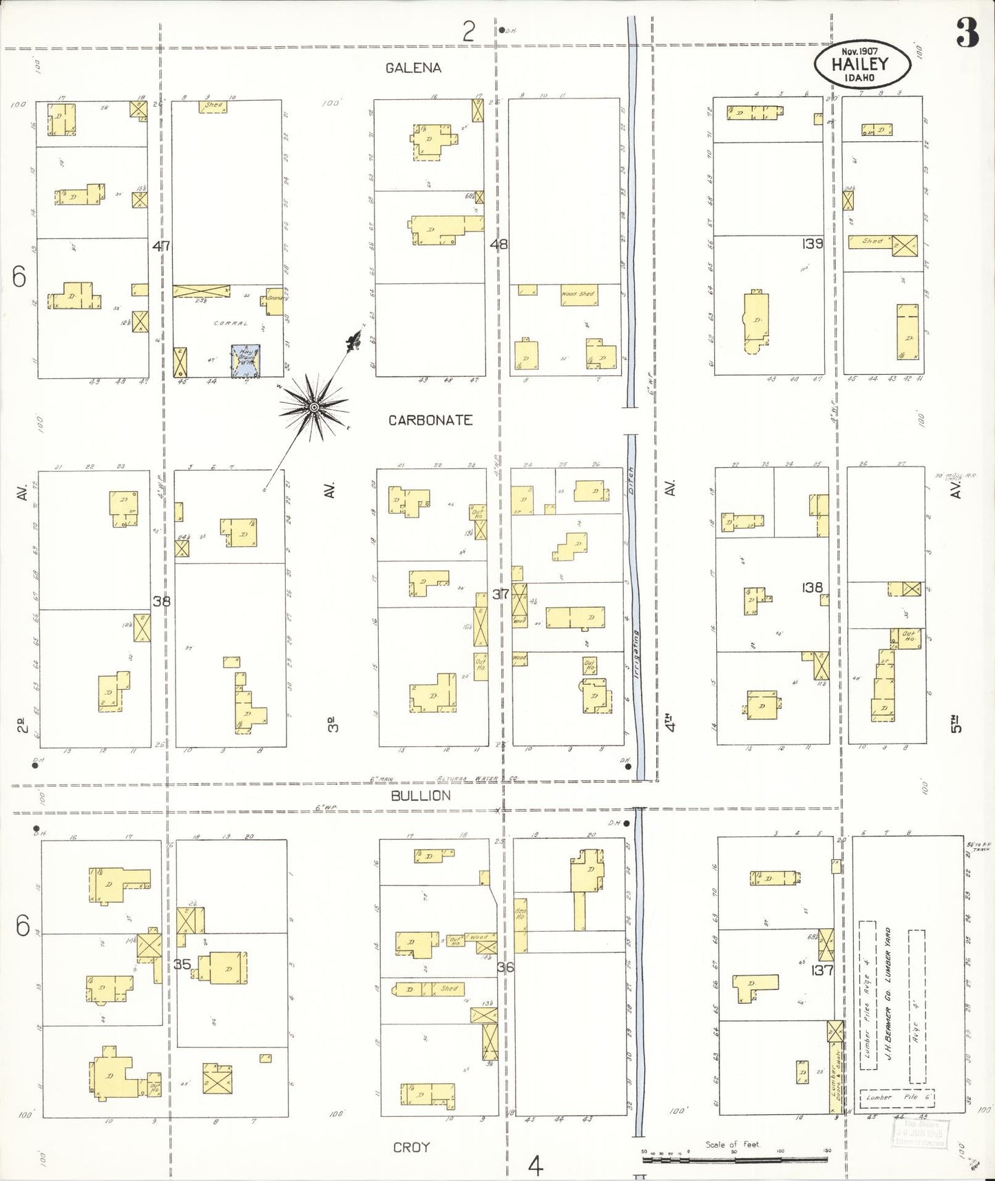 Sanborn Fire Insurance Map from Hailey, Blaine County, Idaho (1907), Sheet #0003 - Historic Sanborn Fire Insurance Map Print, vintage old map wall art, antique decor, genealogy gift, Idaho Idaho map