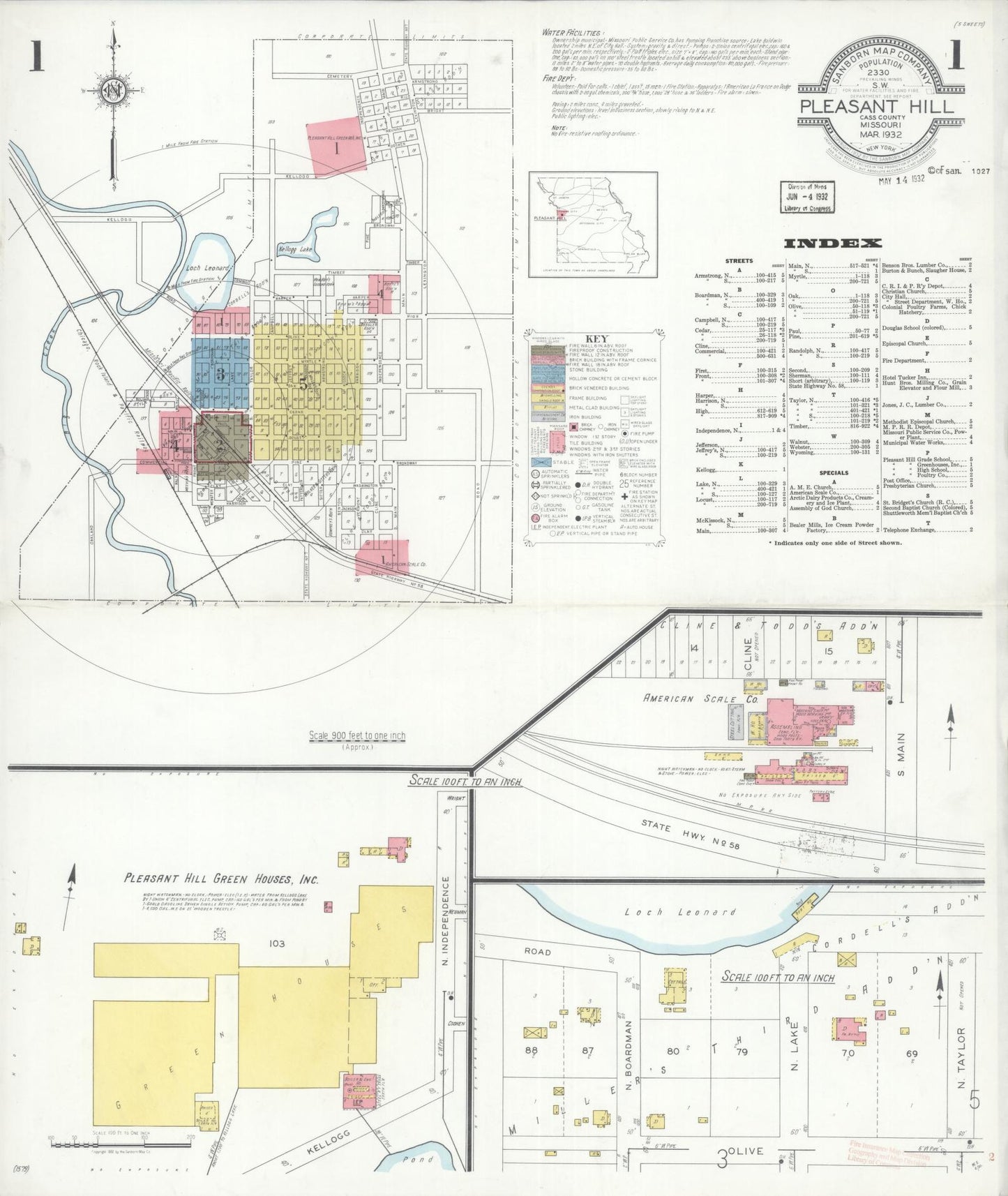 Sanborn Fire Insurance Map from Pleasant Hill, Cass County, Missouri (1932), Sheet #0001 - Historic Sanborn Fire Insurance Map Print, vintage old map wall art, antique decor, genealogy gift, Missouri Missouri map