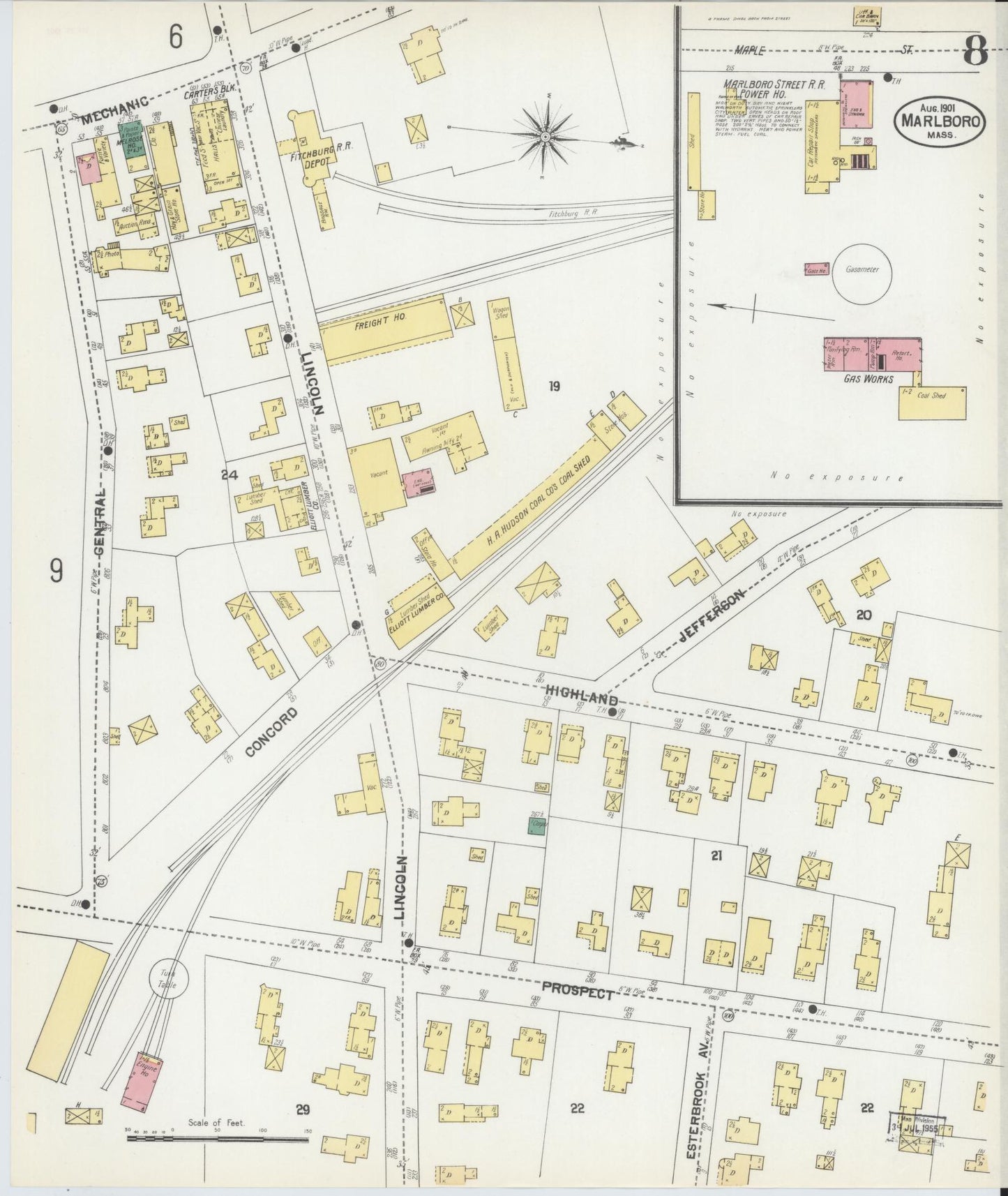 Sanborn Fire Insurance Map from Marlborough, Middlesex County, Massachusetts (1901), Sheet #0008 - Historic Sanborn Fire Insurance Map Print, vintage old map wall art, antique decor, genealogy gift, Massachusetts Massachusetts map
