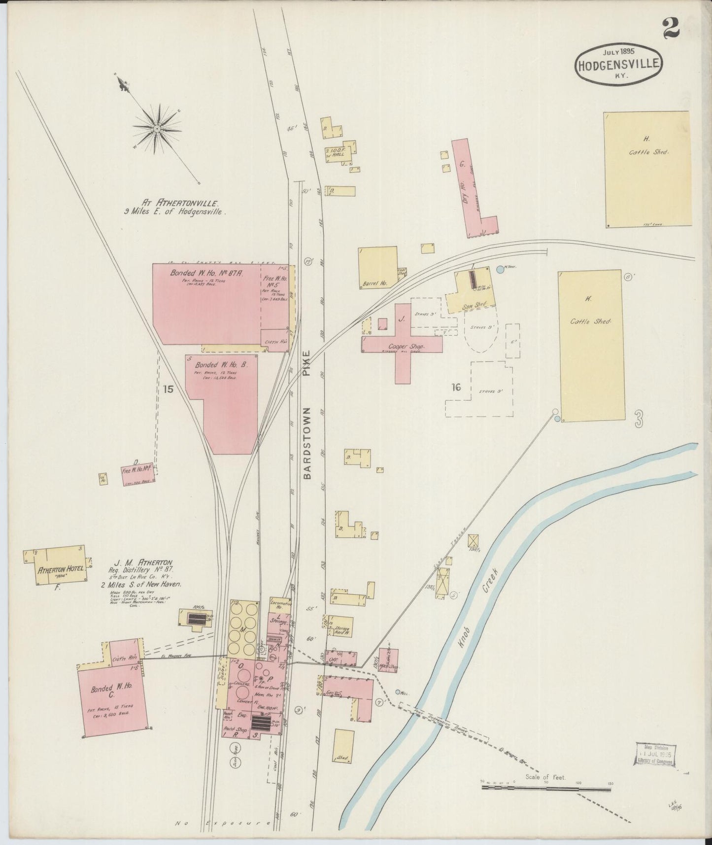 Sanborn Fire Insurance Map from Hodgenville, Larue County, Kentucky (1895), Sheet #0002 - Historic Sanborn Fire Insurance Map Print, vintage old map wall art, antique decor, genealogy gift, Kentucky Kentucky map
