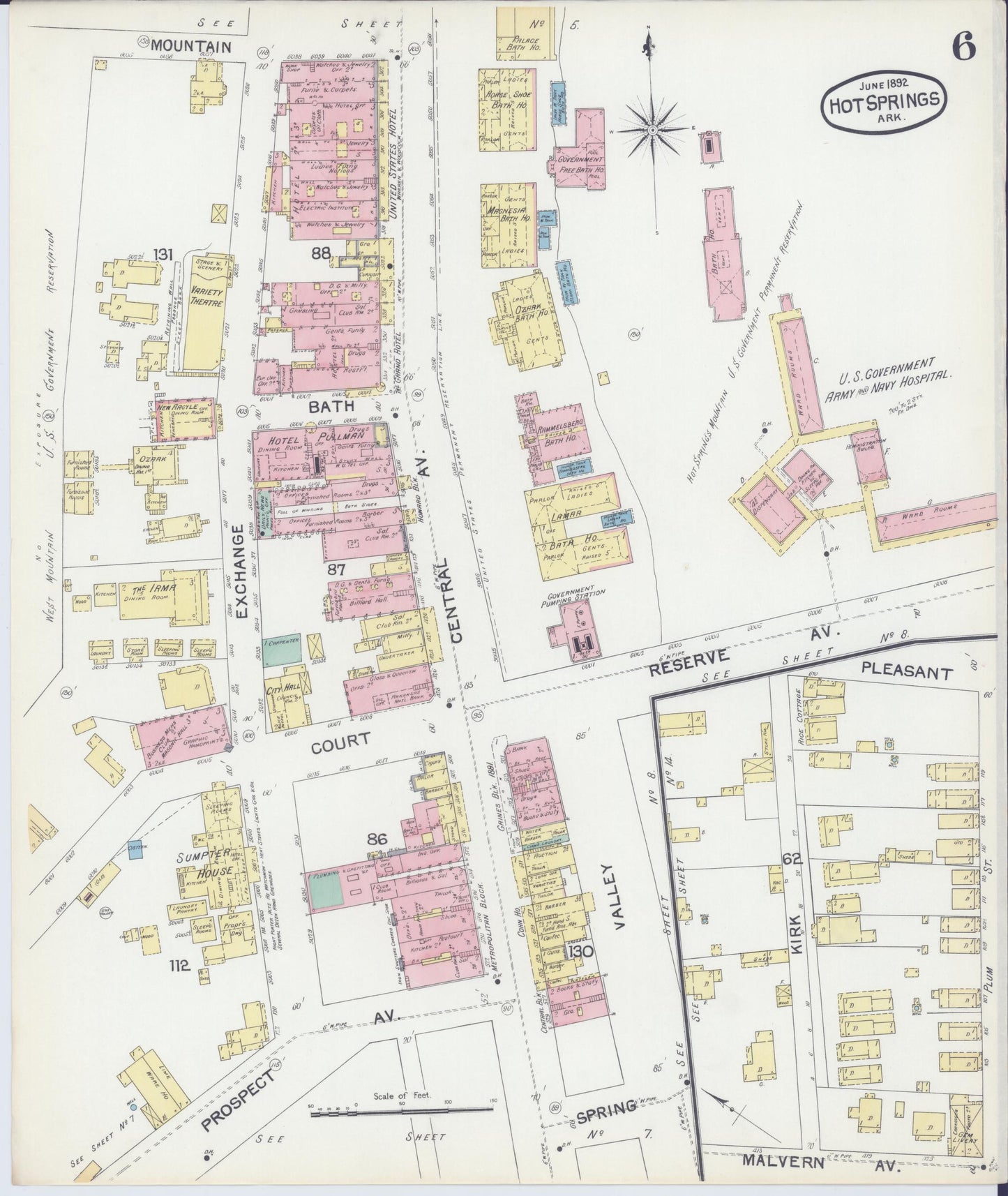 Sanborn Fire Insurance Map from Hot Springs, Garland County, Arkansas (1892), Sheet #0006 - Historic Sanborn Fire Insurance Map Print, vintage old map wall art, antique decor, genealogy gift, Arkansas Arkansas map