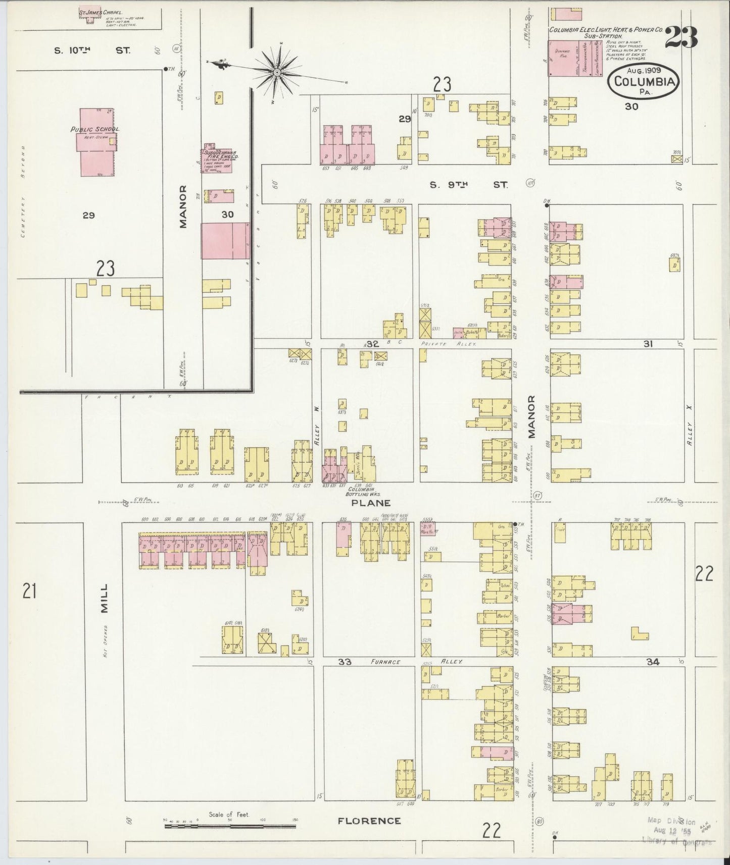 Sanborn Fire Insurance Map from Columbia, Lancaster County, Pennsylvania (1909), Sheet #0023 - Historic Sanborn Fire Insurance Map Print, vintage old map wall art, antique decor, genealogy gift, Pennsylvania Pennsylvania map