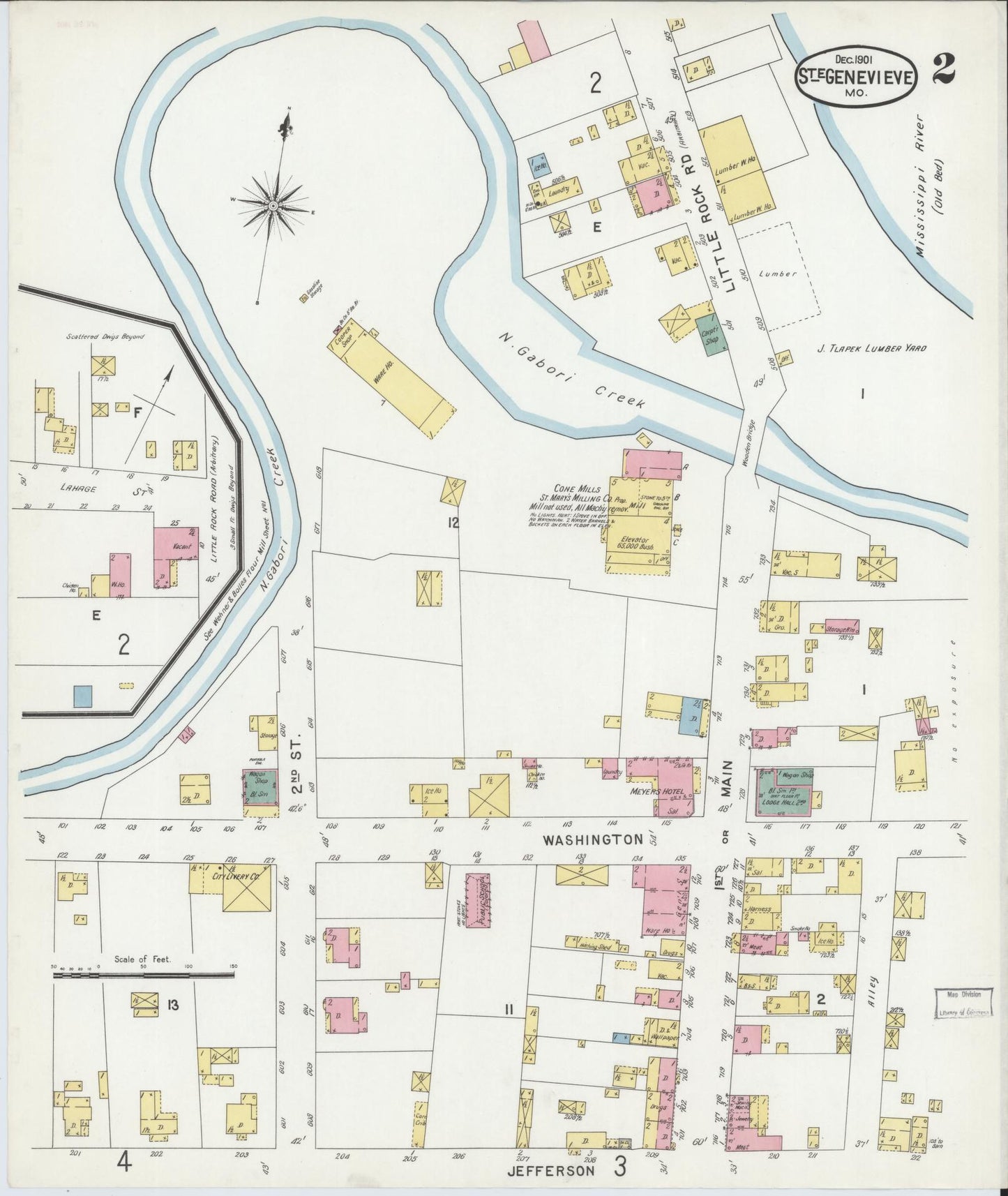 Sanborn Fire Insurance Map from Sainte Genevieve, Saint Genevieve County, Missouri (1901), Sheet #0002 - Historic Sanborn Fire Insurance Map Print, vintage old map wall art, antique decor, genealogy gift, Missouri Missouri map
