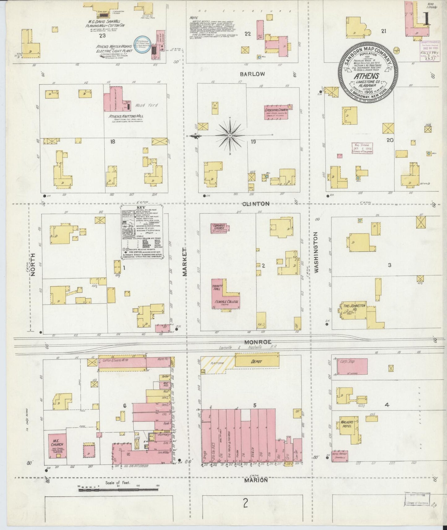 Sanborn Fire Insurance Map from Athens, Limestone County, Alabama (1905), Sheet #0001 - Historic Sanborn Fire Insurance Map Print, vintage old map wall art, antique decor, genealogy gift, Alabama Alabama map