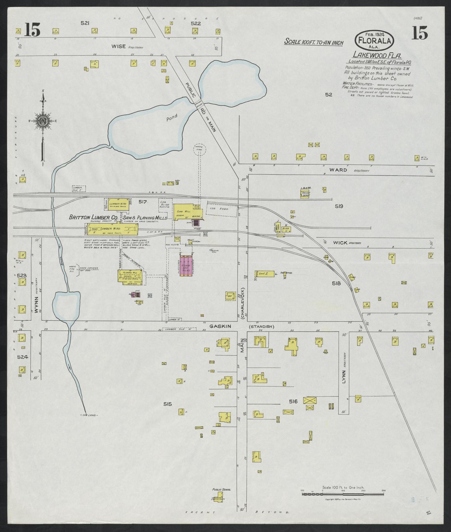 Sanborn Fire Insurance Map from Florala, Covington County, Alabama (1924), Sheet #0015 - Historic Sanborn Fire Insurance Map Print, vintage old map wall art, antique decor, genealogy gift, Alabama Alabama map