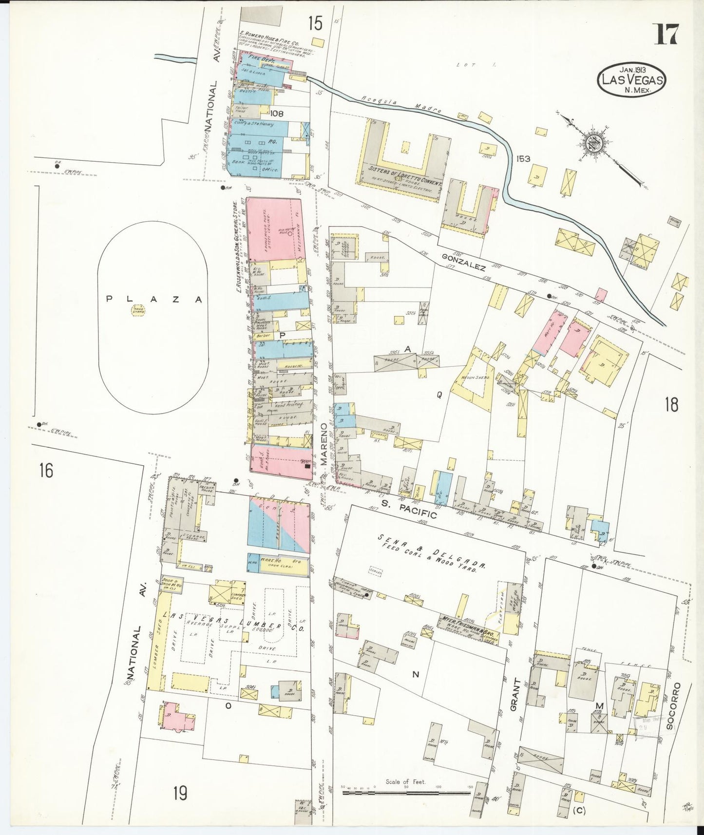 Sanborn Fire Insurance Map from Las Vegas, San Miguel County, New Mexico (1913), Sheet #0017 - Historic Sanborn Fire Insurance Map Print, vintage old map wall art, antique decor, genealogy gift, New Mexico New Mexico map