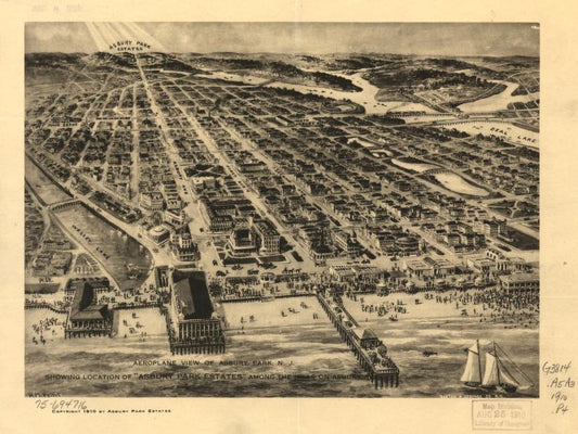 Aeroplane view of Asbury Park, N.J. showing location of "Asbury Park Estates" among the hills on Asbury Ave. (1910) – Historic Bird’s-Eye View Panorama Print