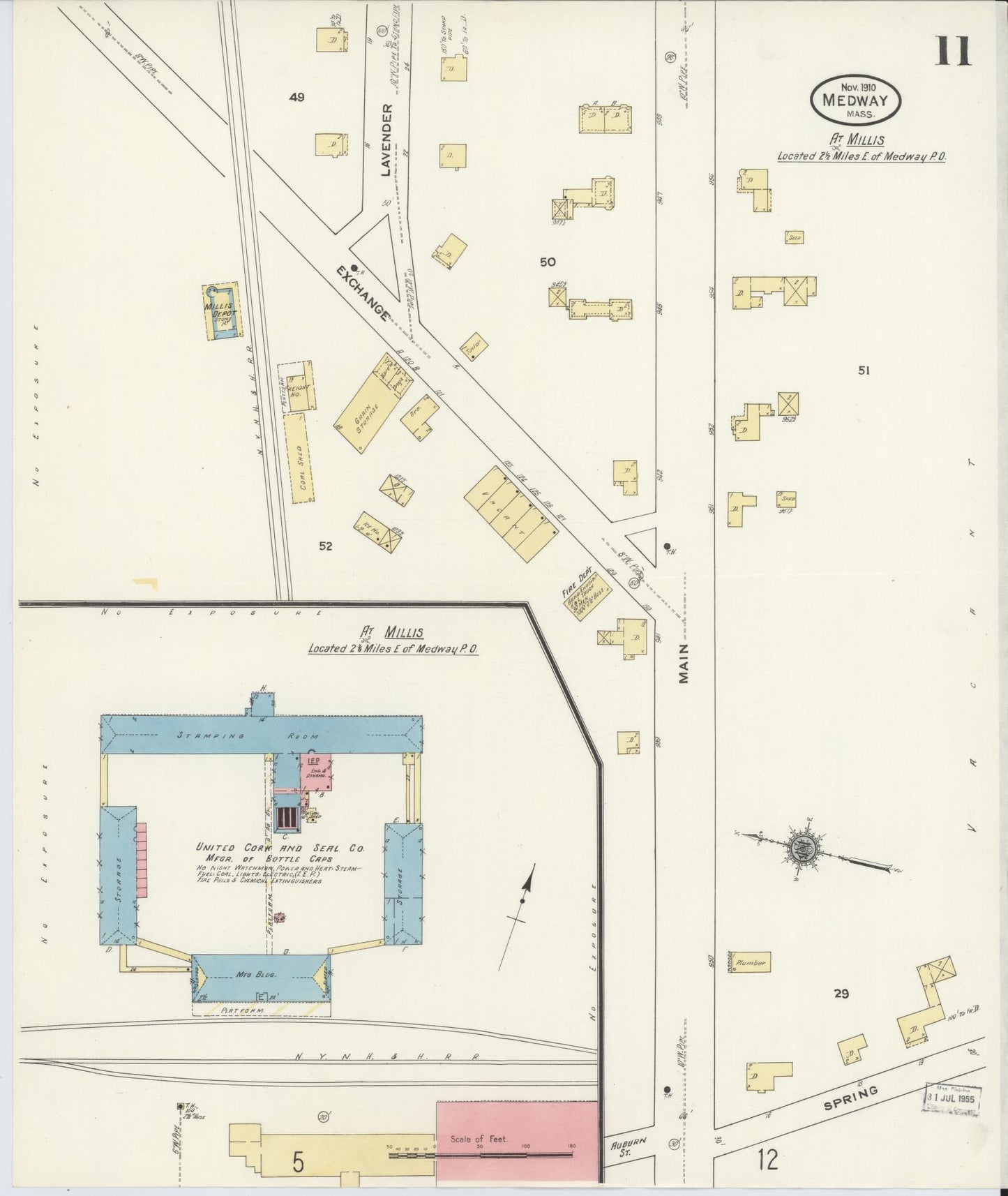 Sanborn Fire Insurance Map from Medway, Norfolk County, Massachusetts (1910), Sheet #0011 - Historic Sanborn Fire Insurance Map Print, vintage old map wall art, antique decor, genealogy gift, Massachusetts Massachusetts map