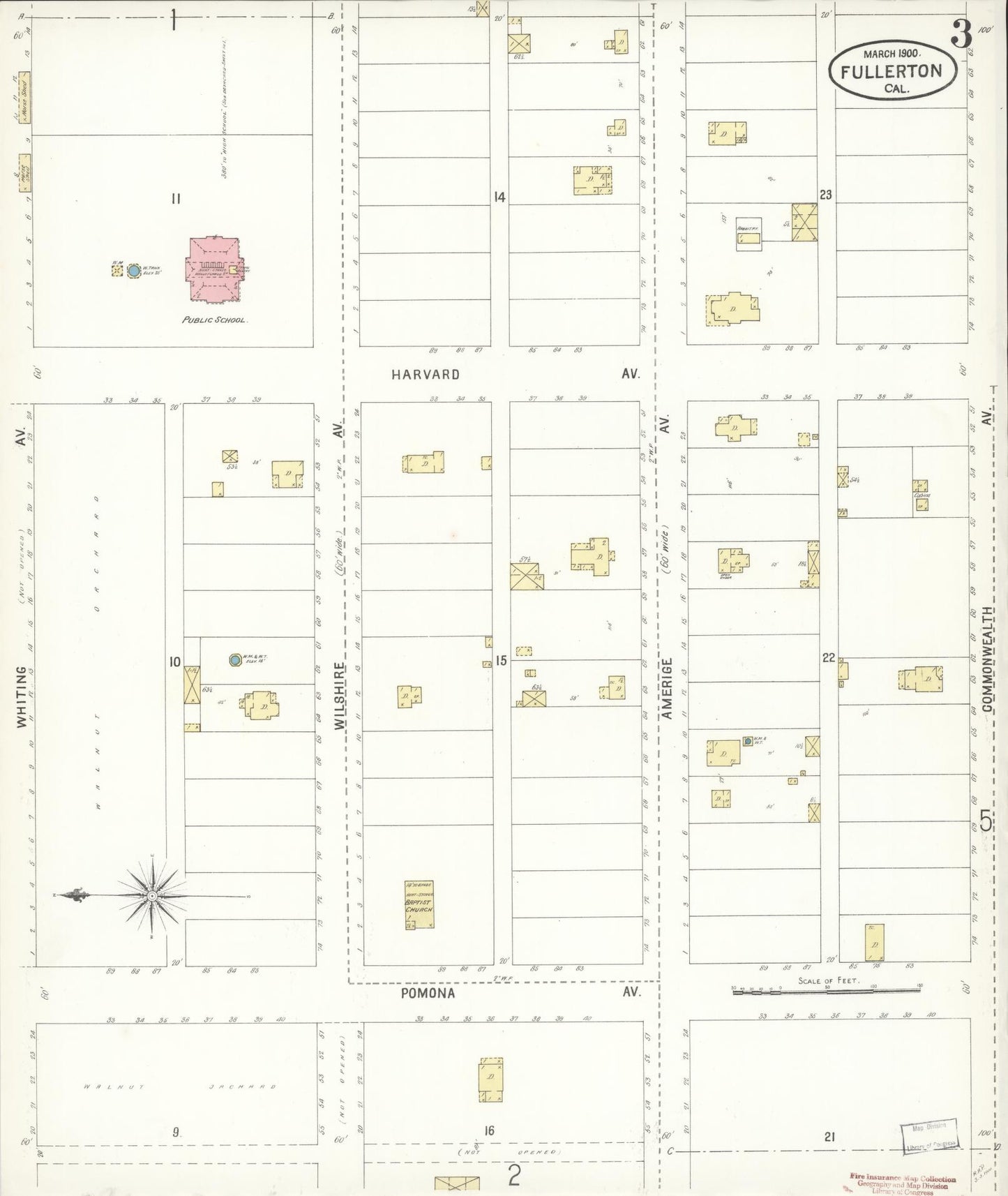 Sanborn Fire Insurance Map from Fullerton, Orange County, California (1900), Sheet #0003 - Historic Sanborn Fire Insurance Map Print, vintage old map wall art, antique decor, genealogy gift, California California map