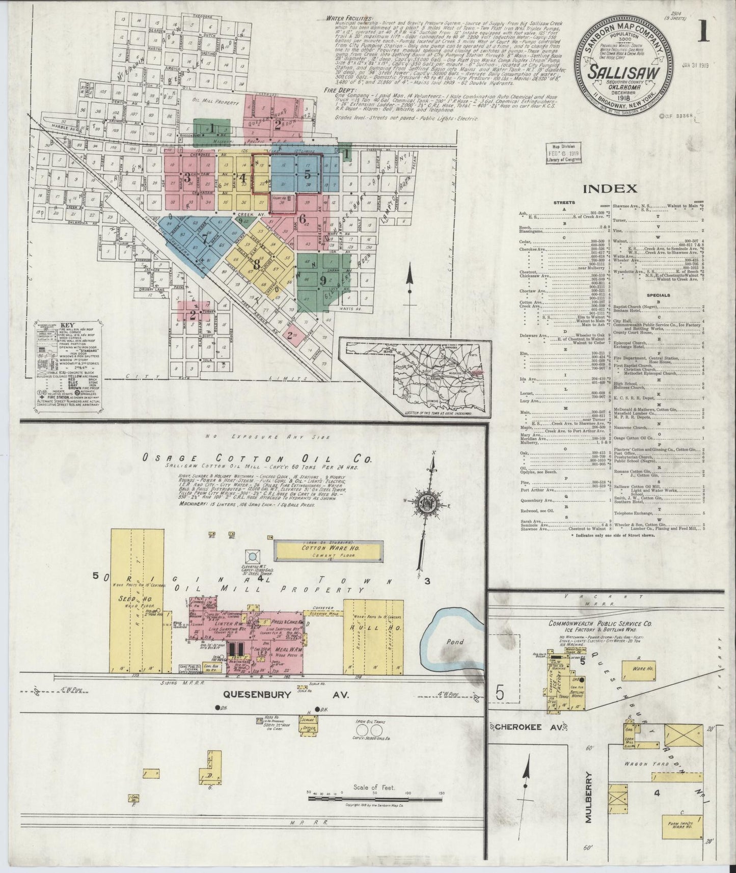 Sanborn Fire Insurance Map from Sallisaw, Sequoyah County, Oklahoma (1918), Sheet #0001 - Historic Sanborn Fire Insurance Map Print, vintage old map wall art, antique decor, genealogy gift, Oklahoma Oklahoma map