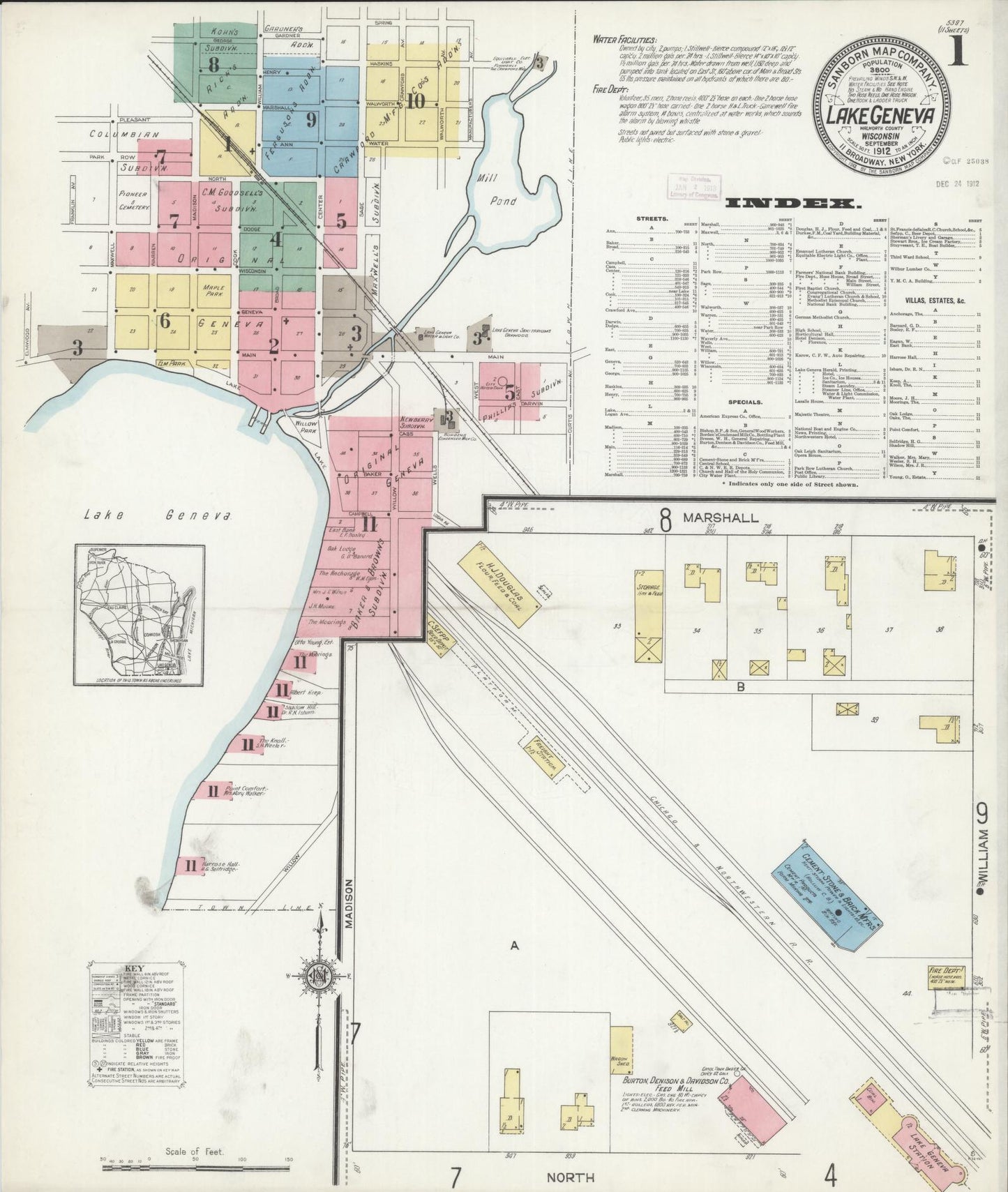 Sanborn Fire Insurance Map from Lake Geneva, Walworth County, Wisconsin (1912), Sheet #0001 - Historic Sanborn Fire Insurance Map Print, vintage old map wall art, antique decor, genealogy gift, Wisconsin Wisconsin map