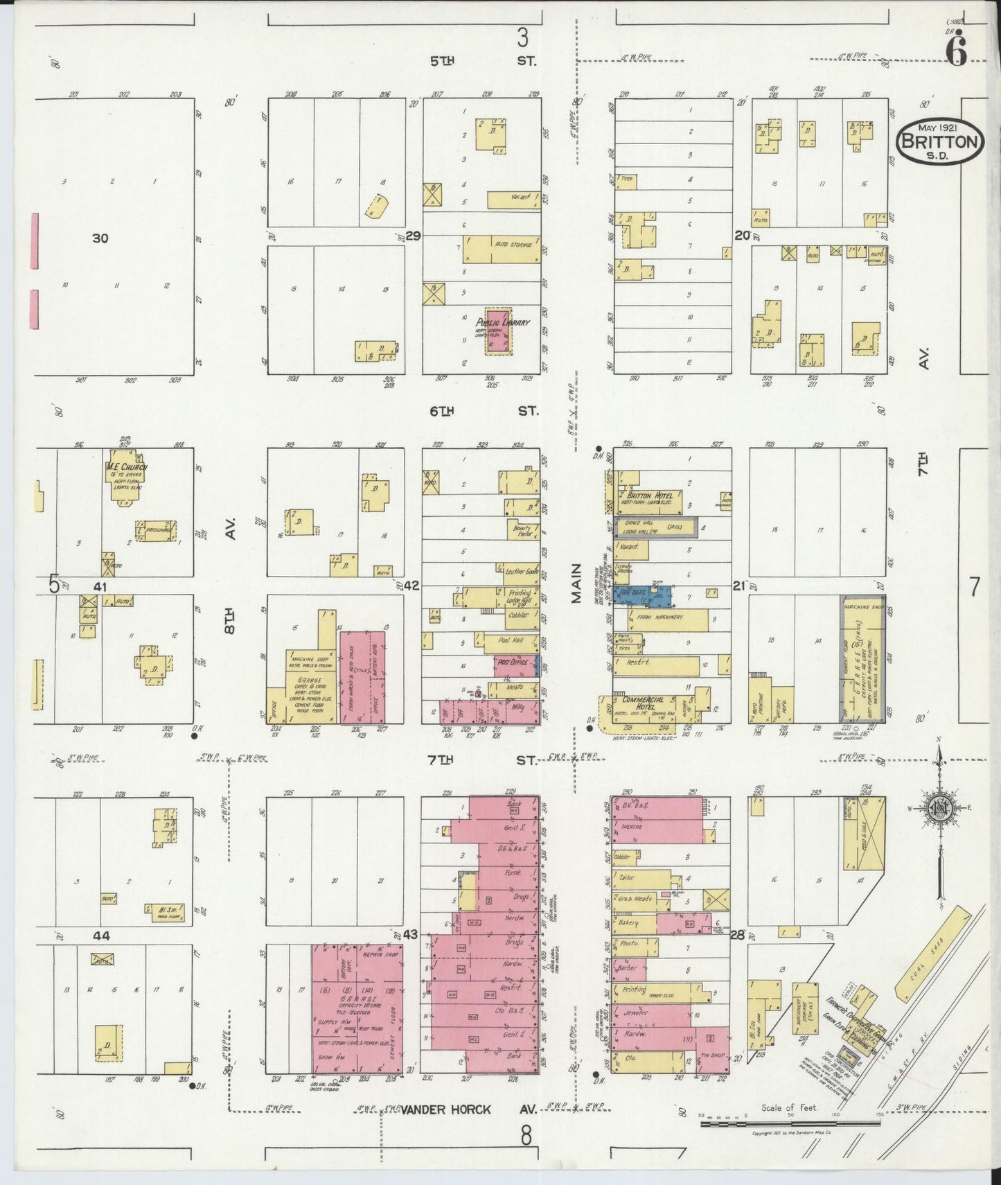 Sanborn Fire Insurance Map from Britton, Marshall County, South Dakota (1921), Sheet #0006 - Historic Sanborn Fire Insurance Map Print, vintage old map wall art, antique decor, genealogy gift, South Dakota South Dakota map