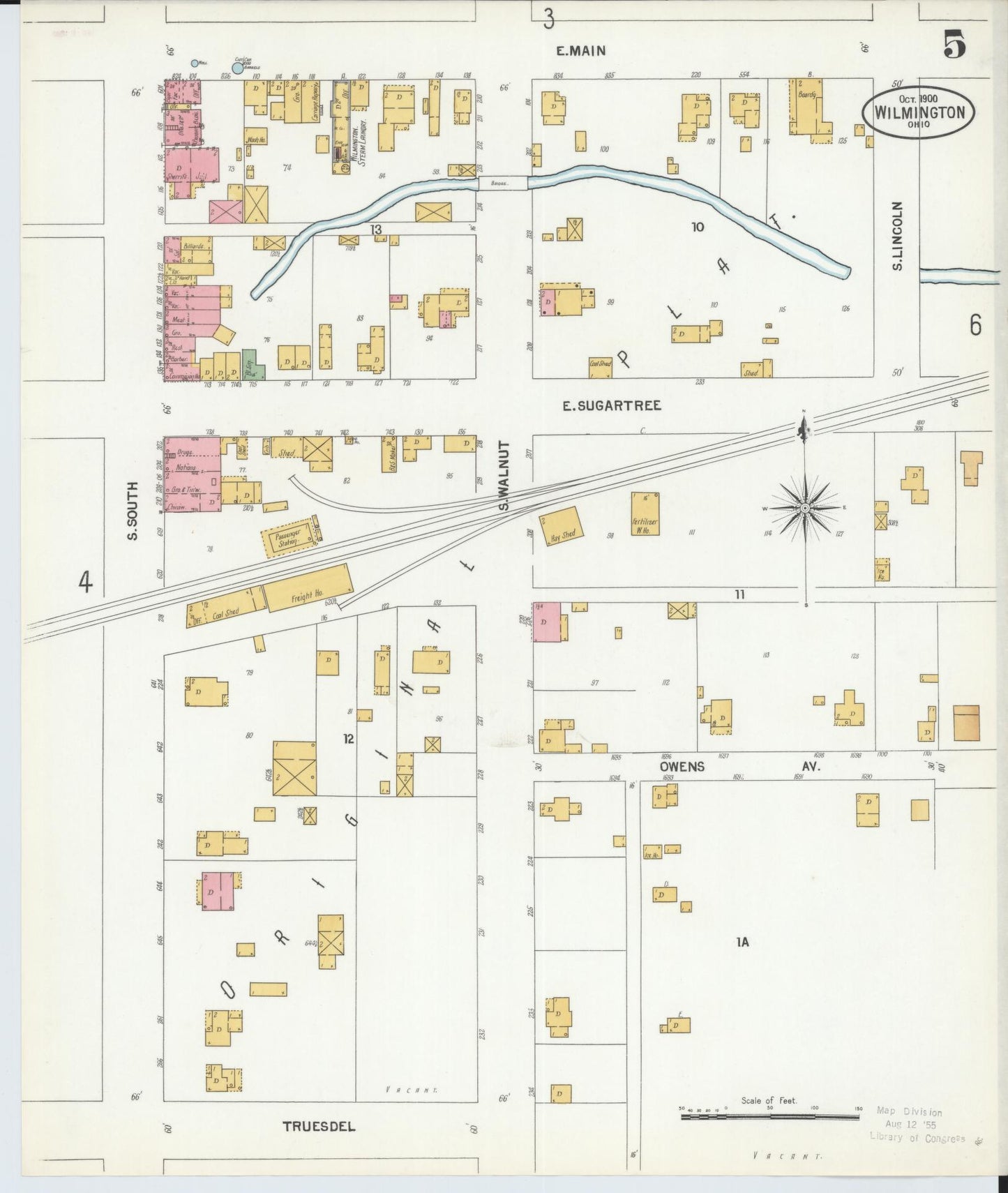 Sanborn Fire Insurance Map from Wilmington, Clinton County, Ohio (1900), Sheet #0005 - Historic Sanborn Fire Insurance Map Print, vintage old map wall art, antique decor, genealogy gift, Ohio Ohio map