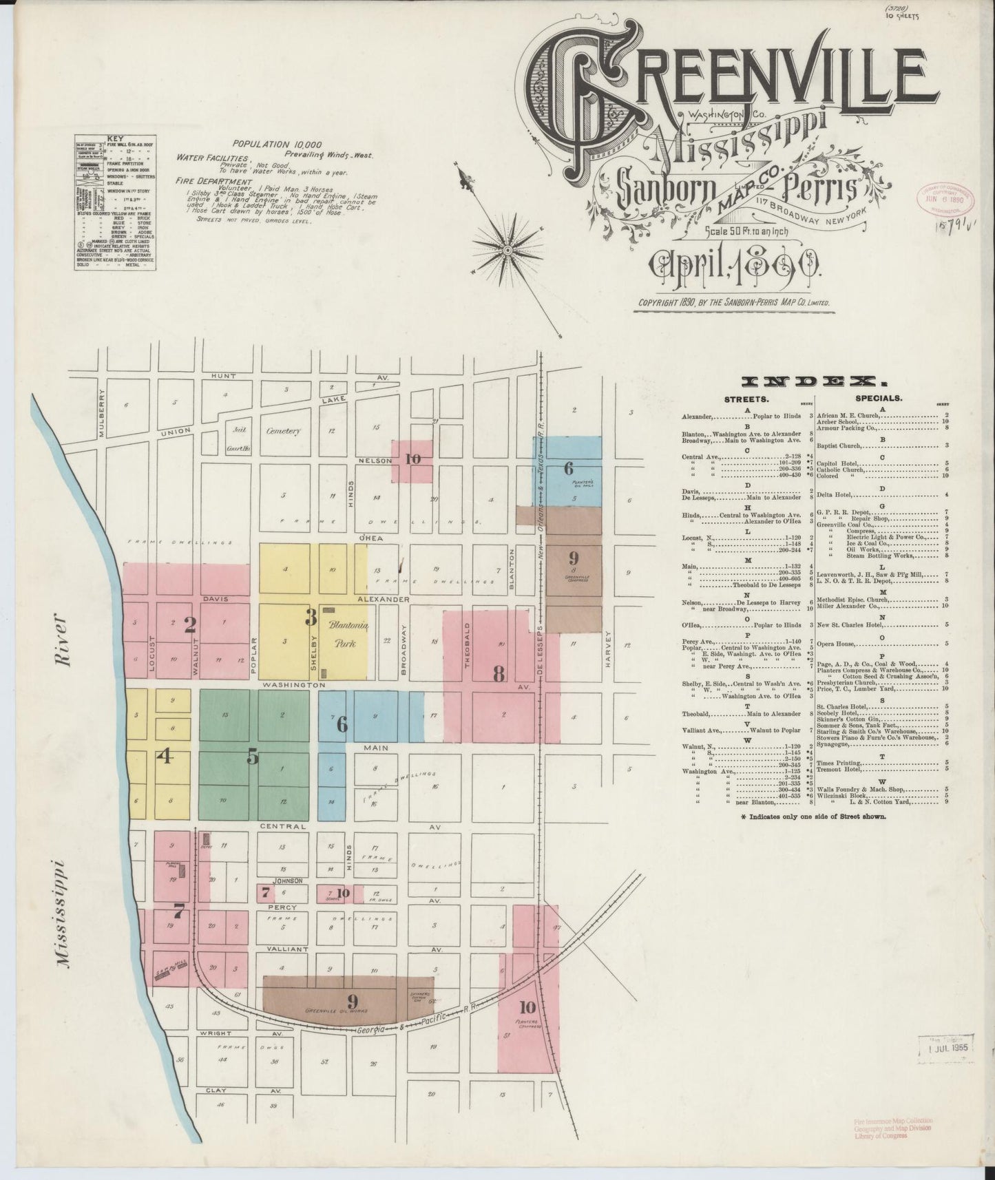 Sanborn Fire Insurance Map from Greenville, Washington County, Mississippi (1890), Sheet #0001 - Historic Sanborn Fire Insurance Map Print, vintage old map wall art, antique decor, genealogy gift, Mississippi Mississippi map